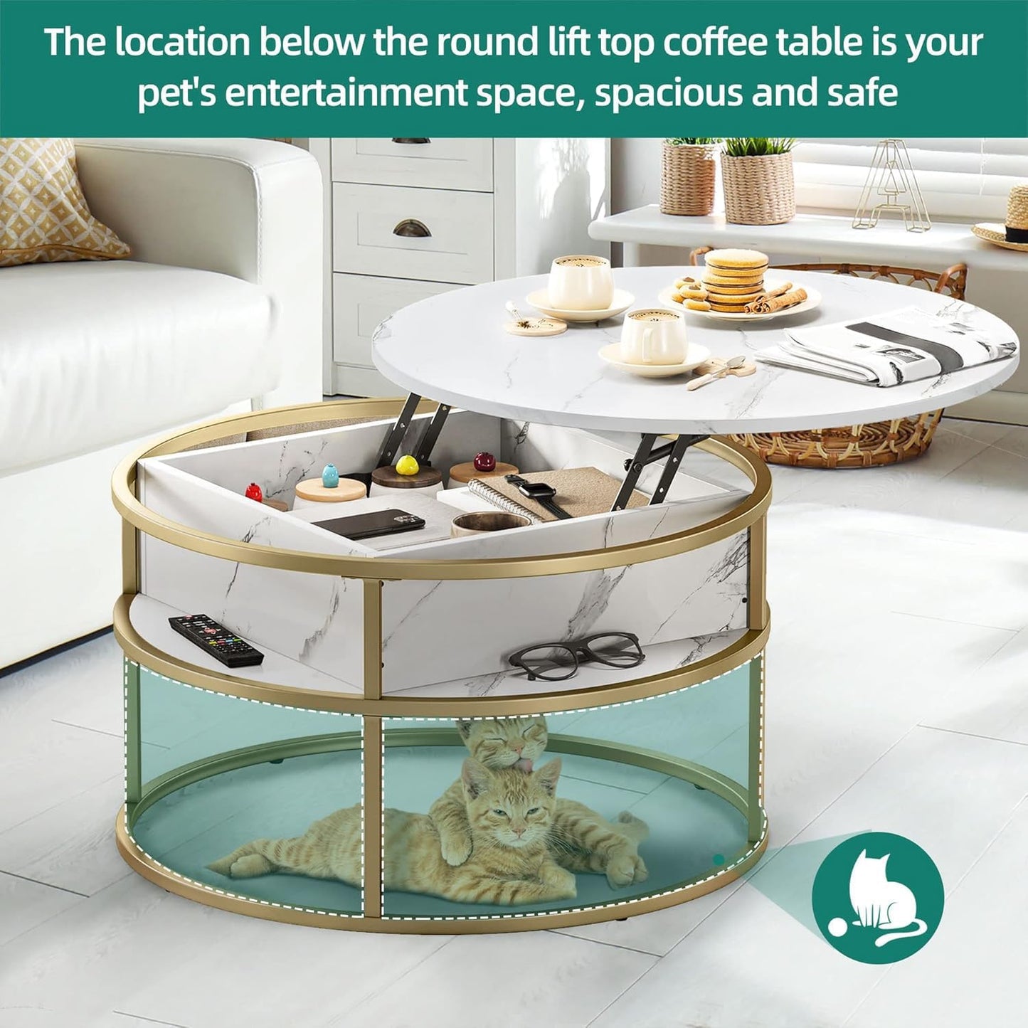 Runder Couchtisch mit Stauraum, Weiss&gold 80x80x47cm