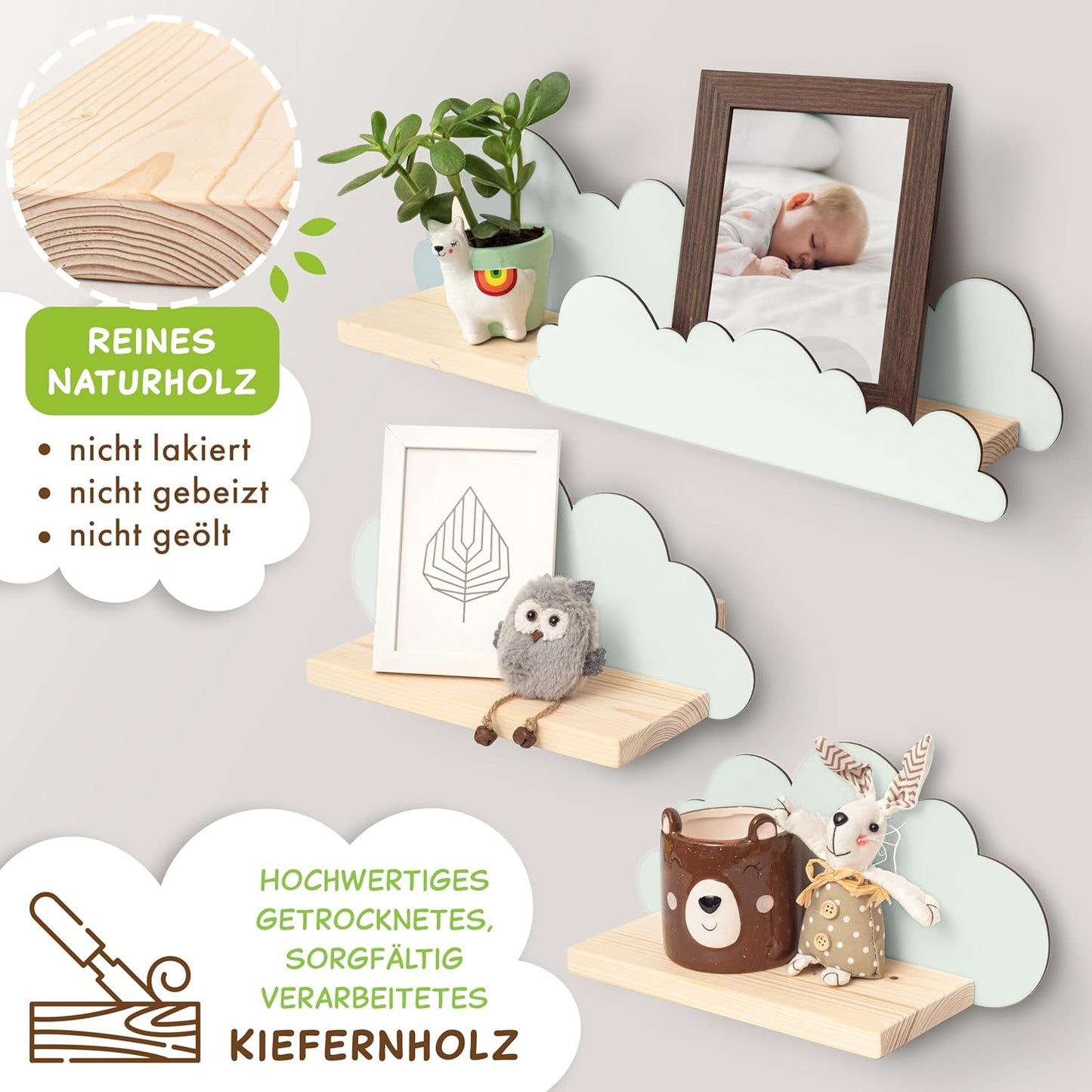 Wandregal-Set aus Holz für Kinderzimmer (3-teilig), Blau
