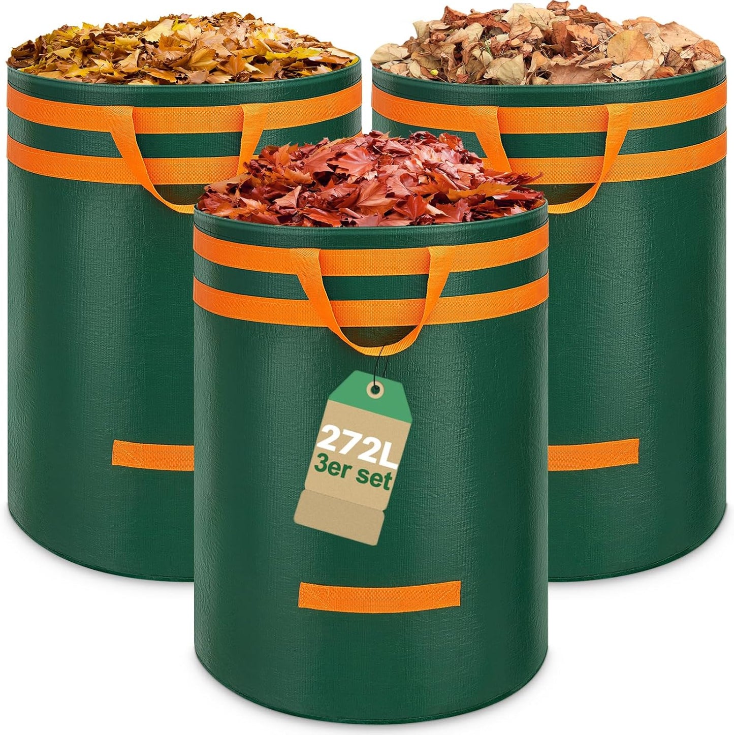 3-teiliges Gartenabfallsack-Set selbststehend mit Griffen, Grün-272l