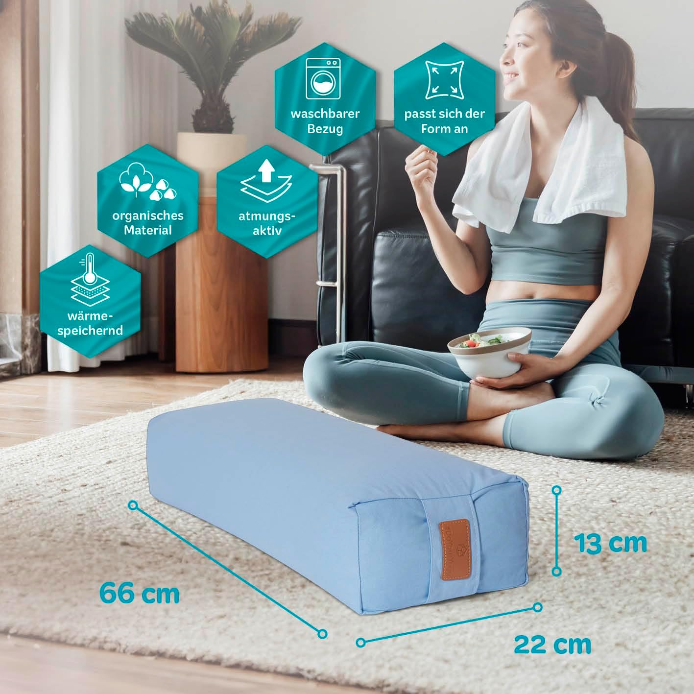 Yogabolster Paravati mit Bio-Buchweizenschalen-Füllung, waschbar, Buchweizen Hellblau