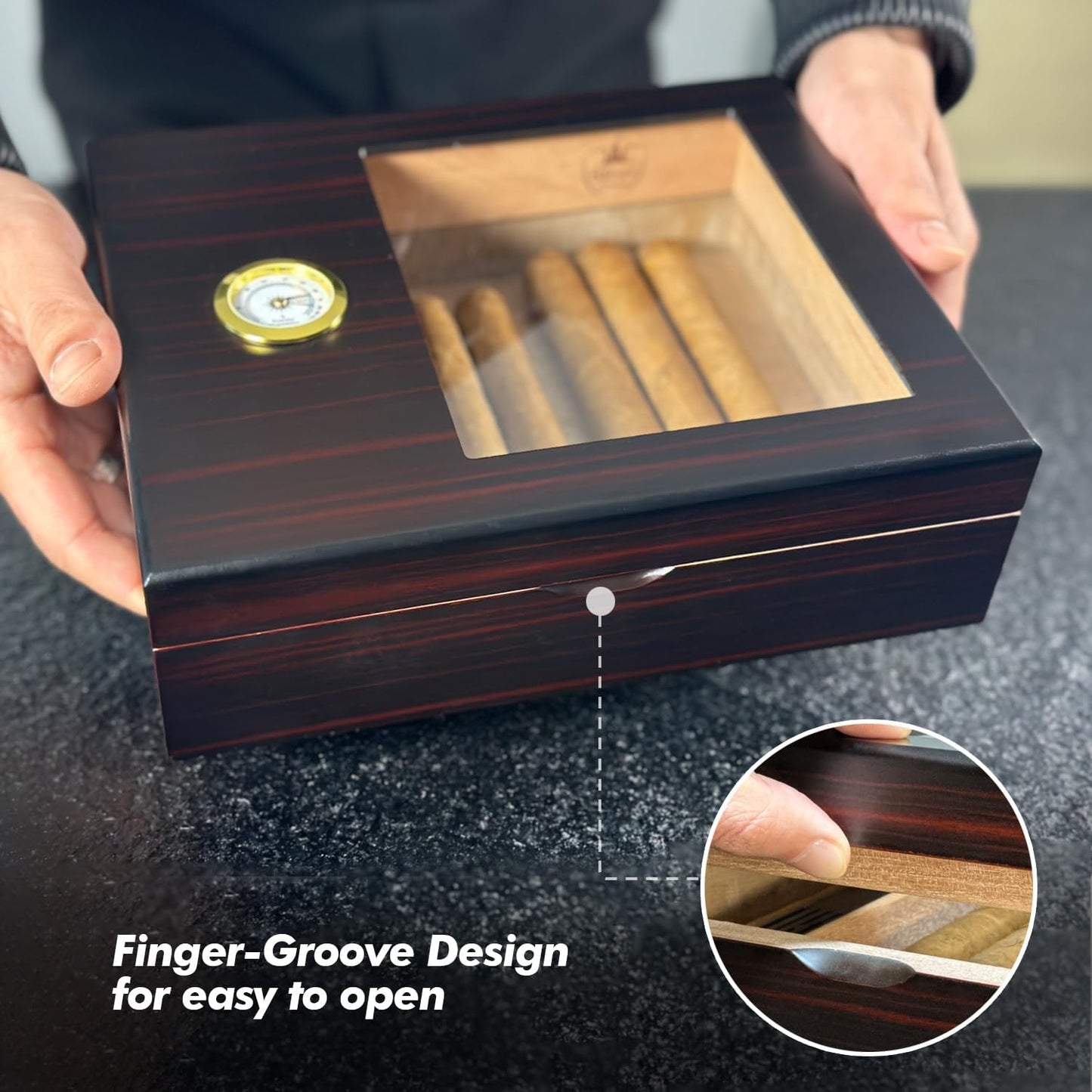 Zigarren-Humidor mit Hygrometer, Schwarz