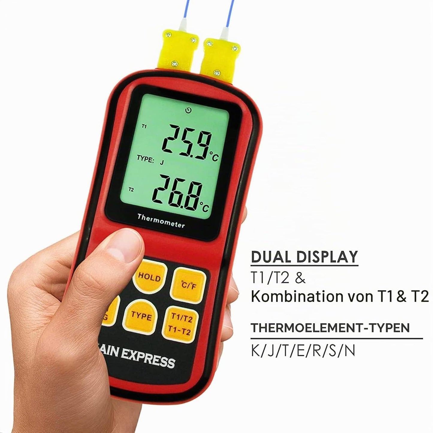 Zweikanal-Digitalthermometer mit Thermoelementen, rot