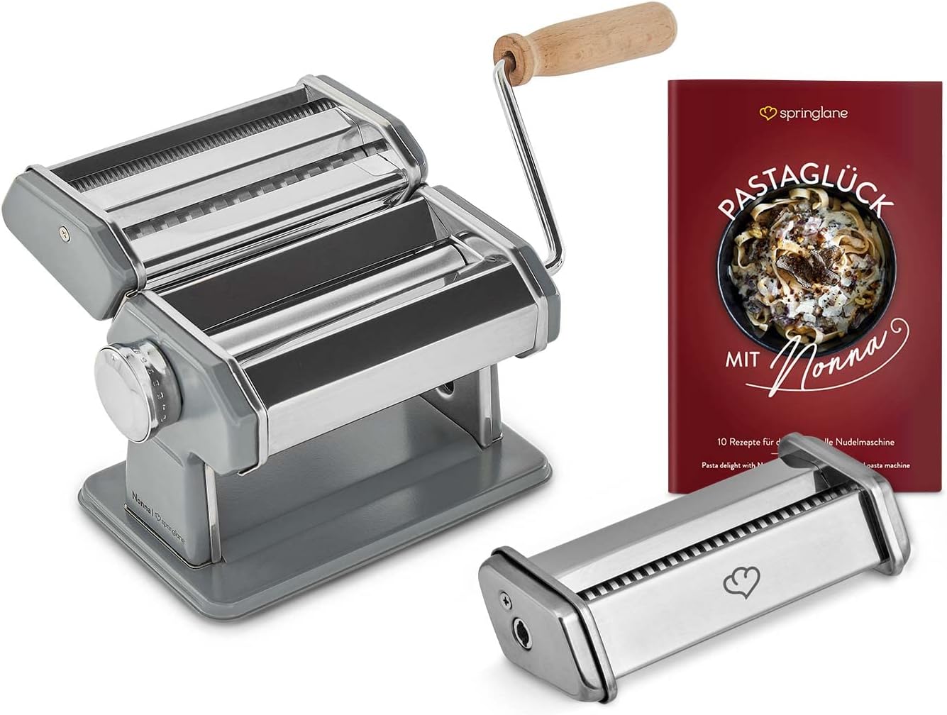 Manuelle Nudelmaschine Nonna mit Zubehör-Set, Nudelmaschine inkl. Linguineaufsatz Grau