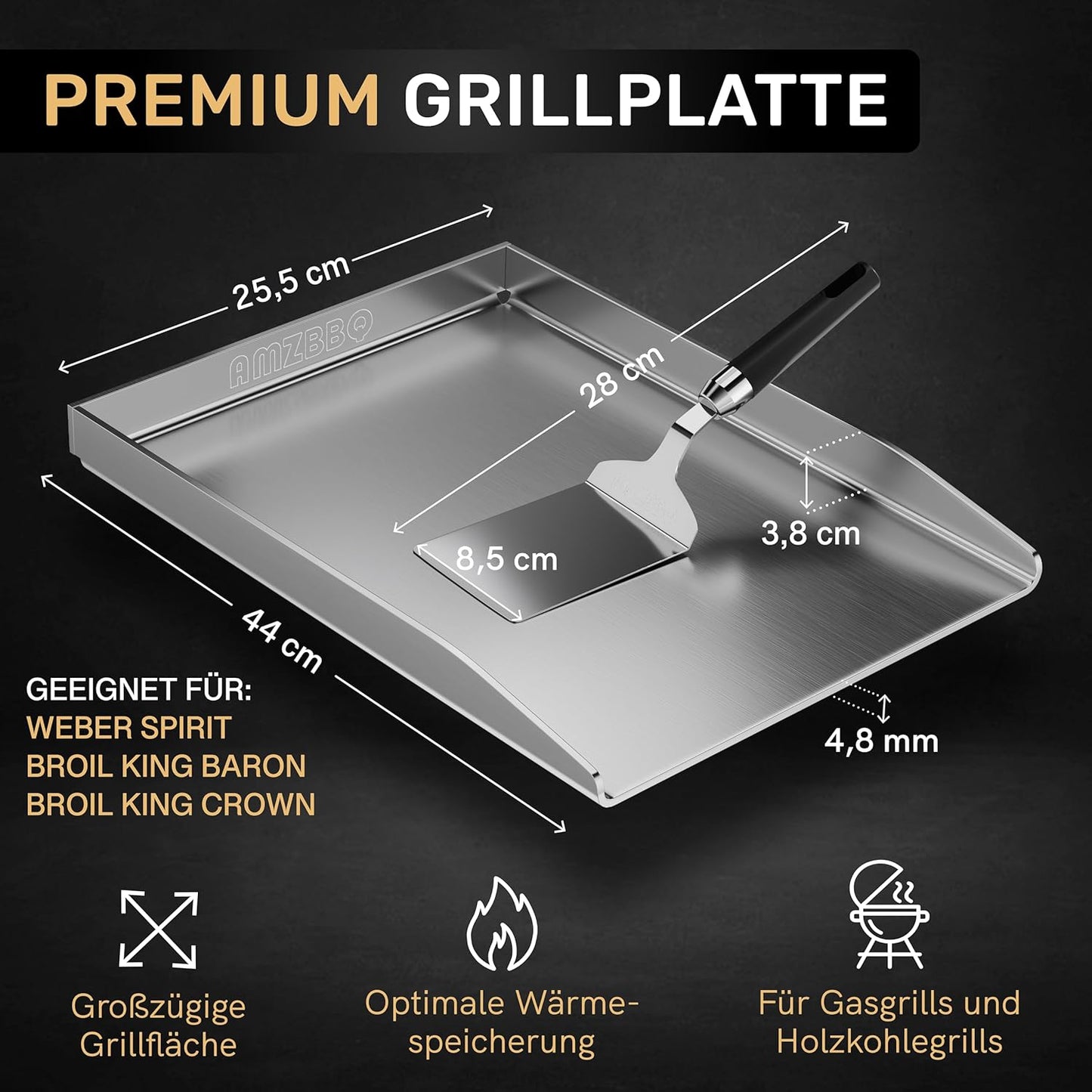 Premium Plancha Set für Gasgrill, 44 x 25.5 x 3.8 cm Edelstahl