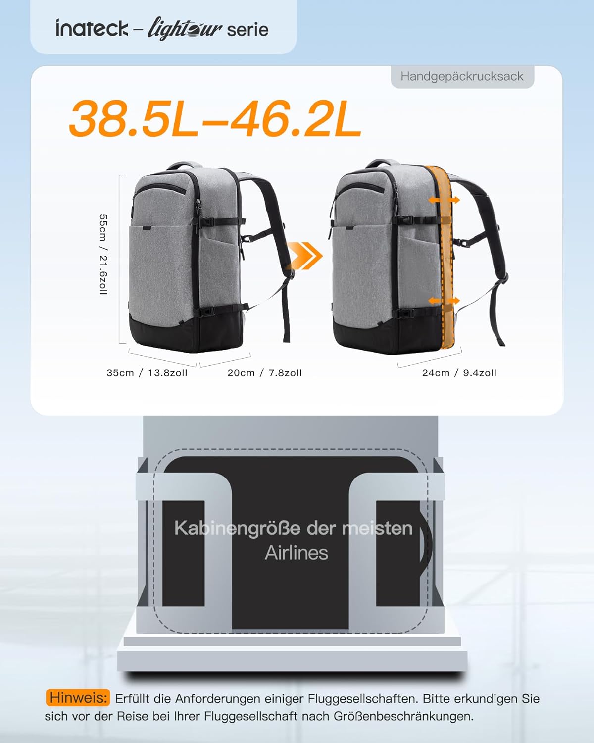 Erweiterbarer Reiserucksack BP03006, Grau 46.2 L