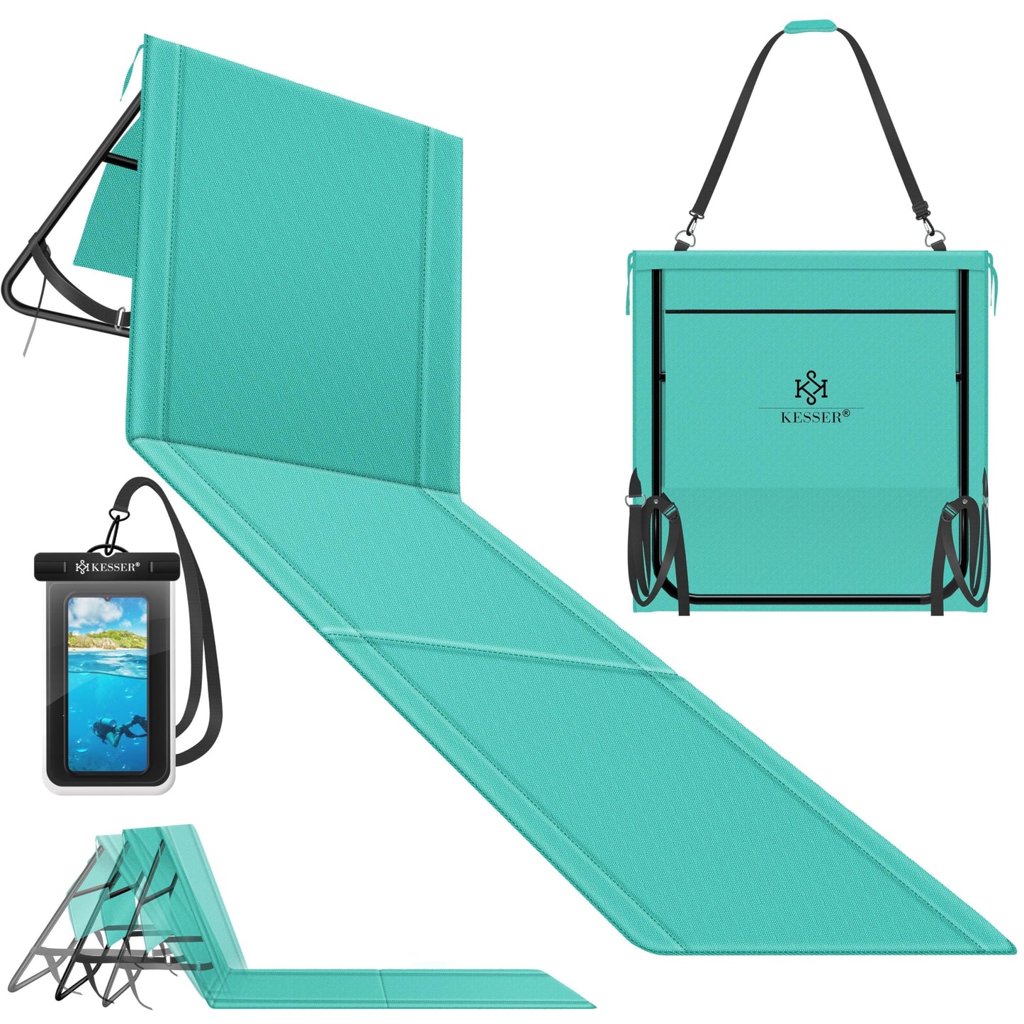 Klappbare Strandmatte mit verstellbarer Rückenlehne und Tragegurt, 1 Stück Aqua Blue