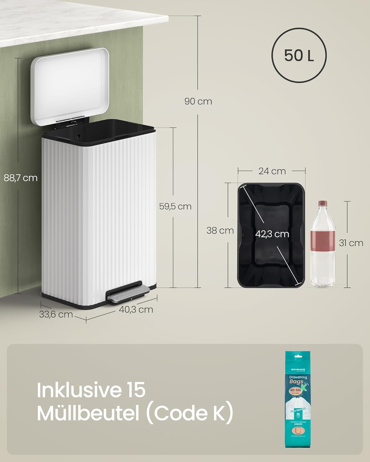Tretmülleimer mit Softclose-Deckel, 50 Liter, wolkenweiss Pedal an der Längsseite
