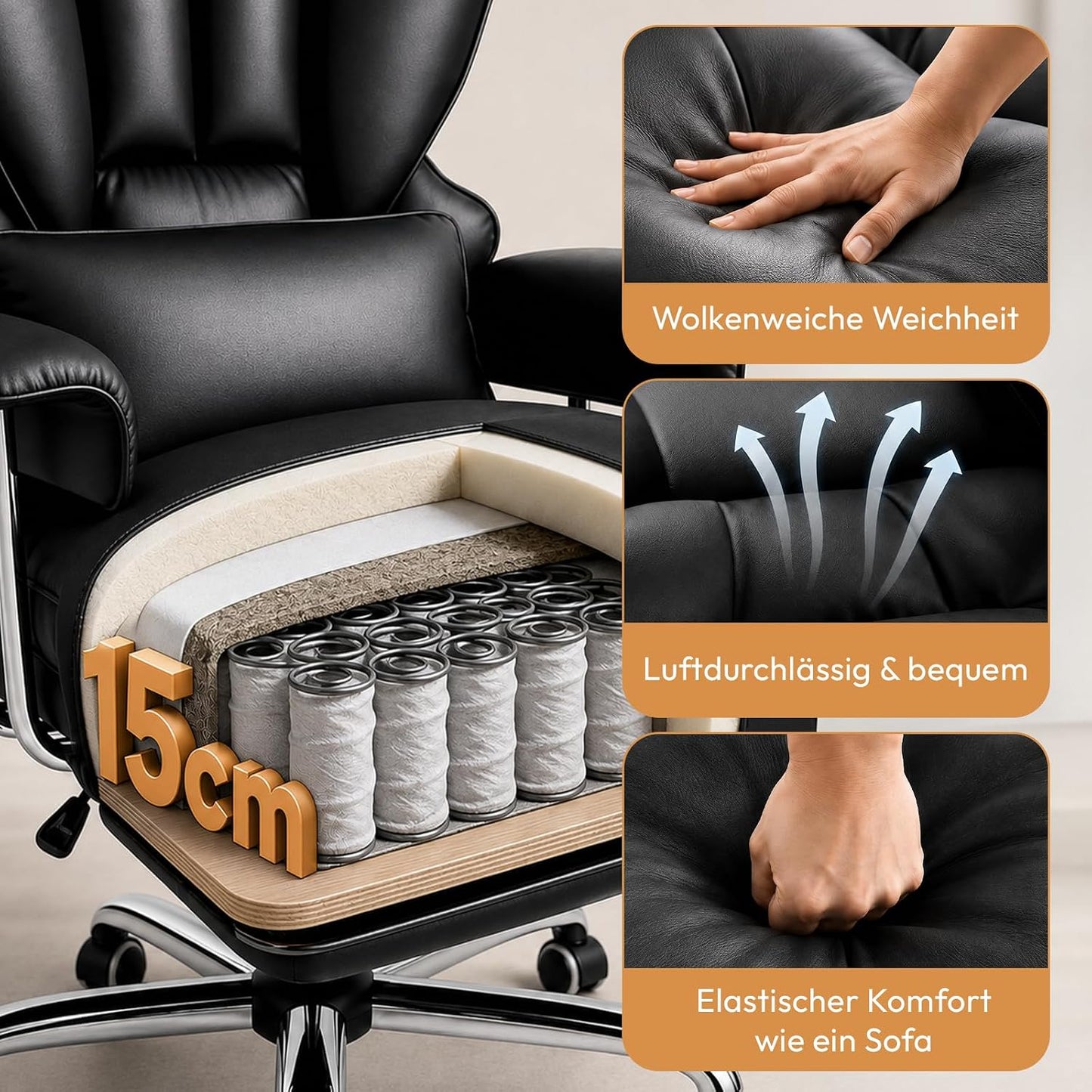 Ergonomischer Bürostuhl mit verstellbarer Lendenstütze, Schwarz