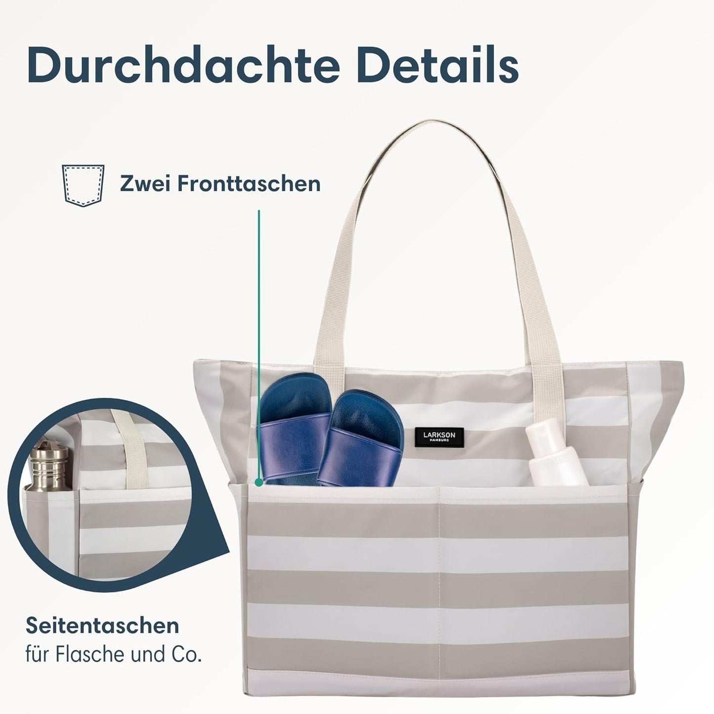 Grosse Strandtasche Linn mit Reissverschluss, Sand - Gestreift