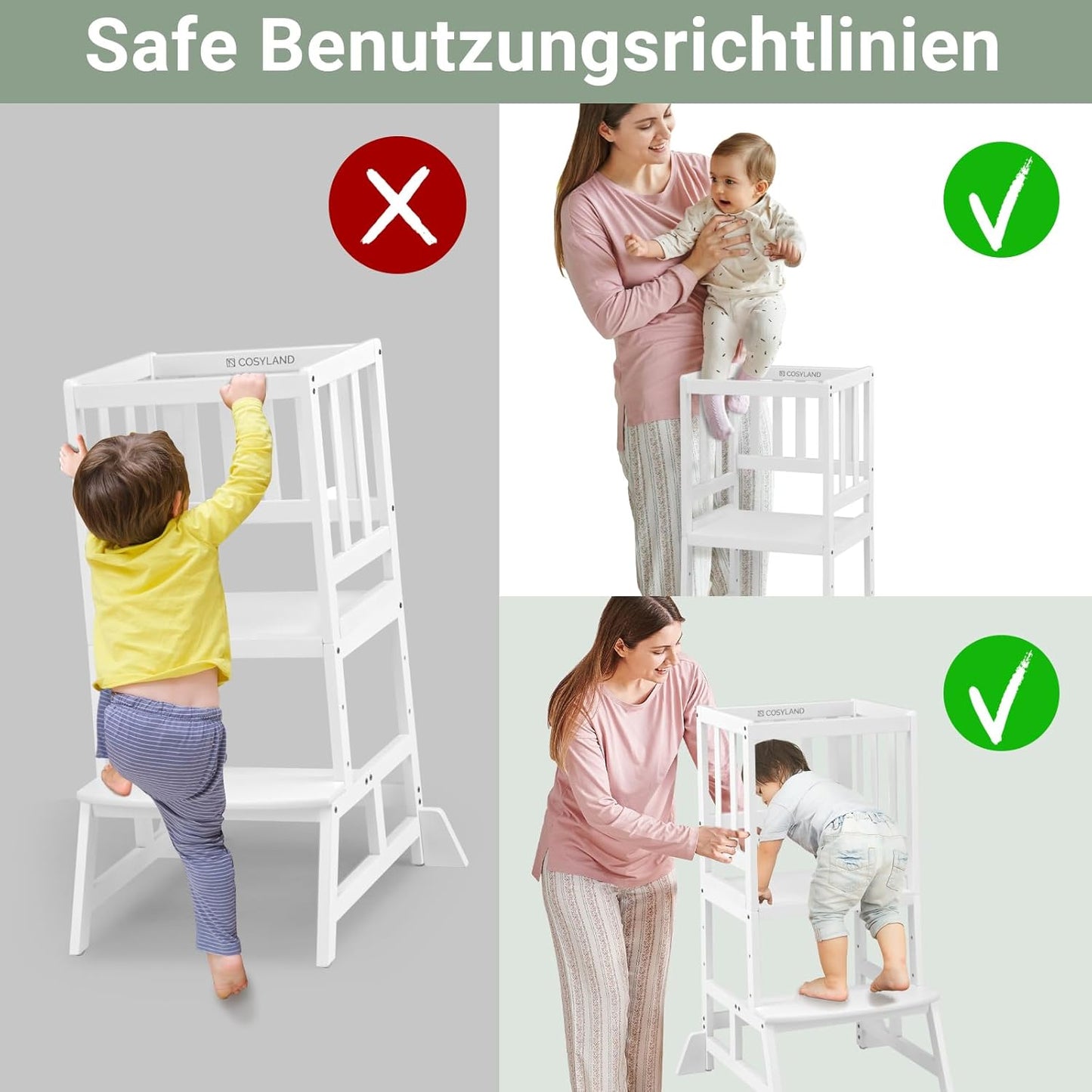 Höhenverstellbarer Lernturm mit Kippschutz, Klassisch Weiss