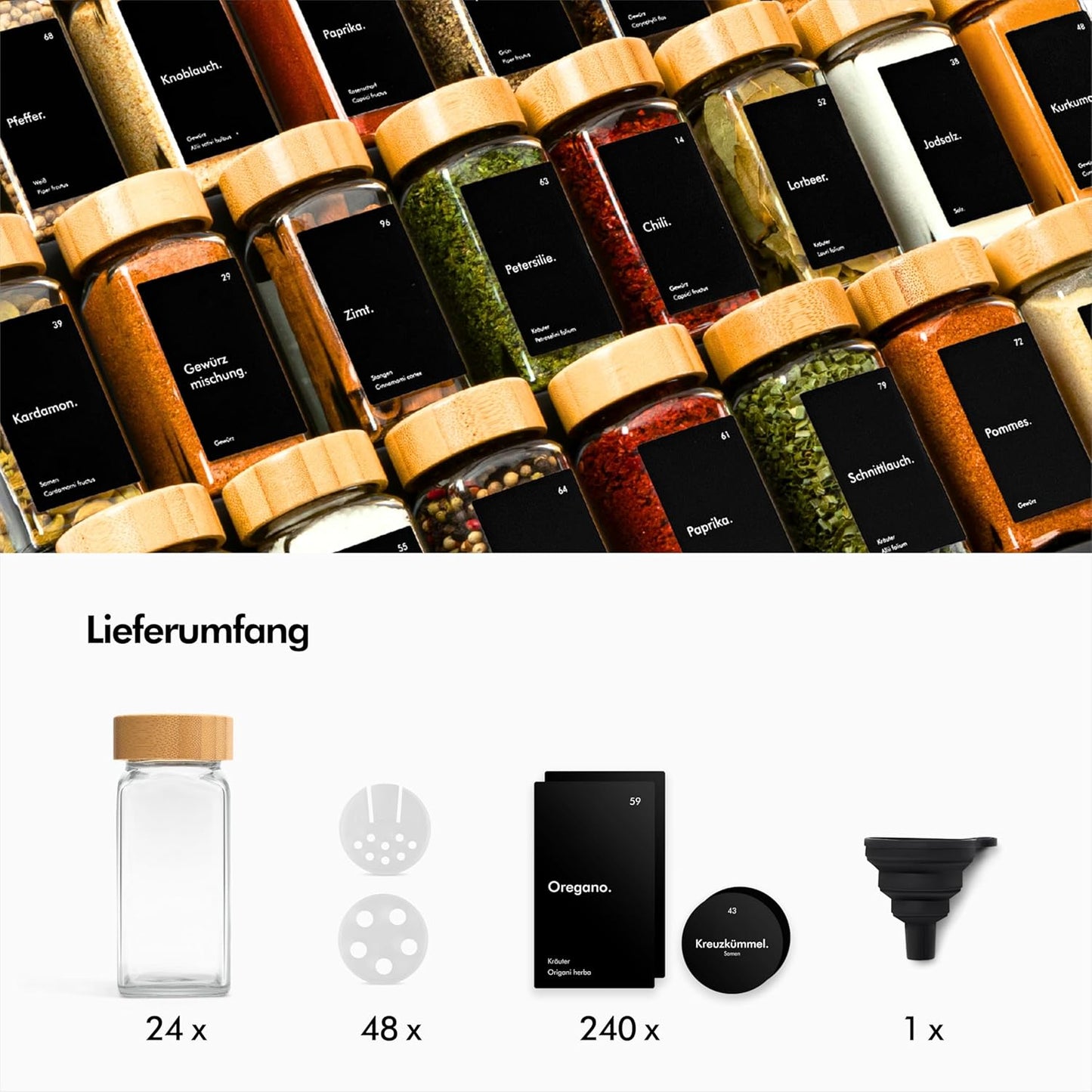 Gewürzgläser mit Streueinsatz (24x 120ml) + Labels, Gewürzgläser Schwarz Bambusdeckel