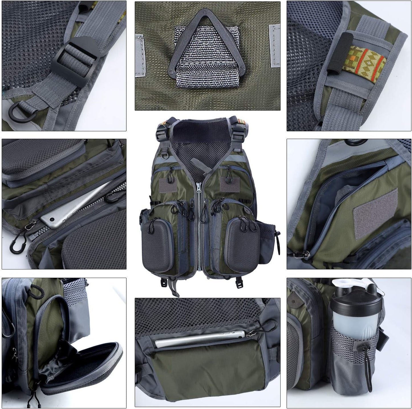 Outdoor-Angelweste mit vielen Taschen, Einheitsgröße Große Größen armee-grün