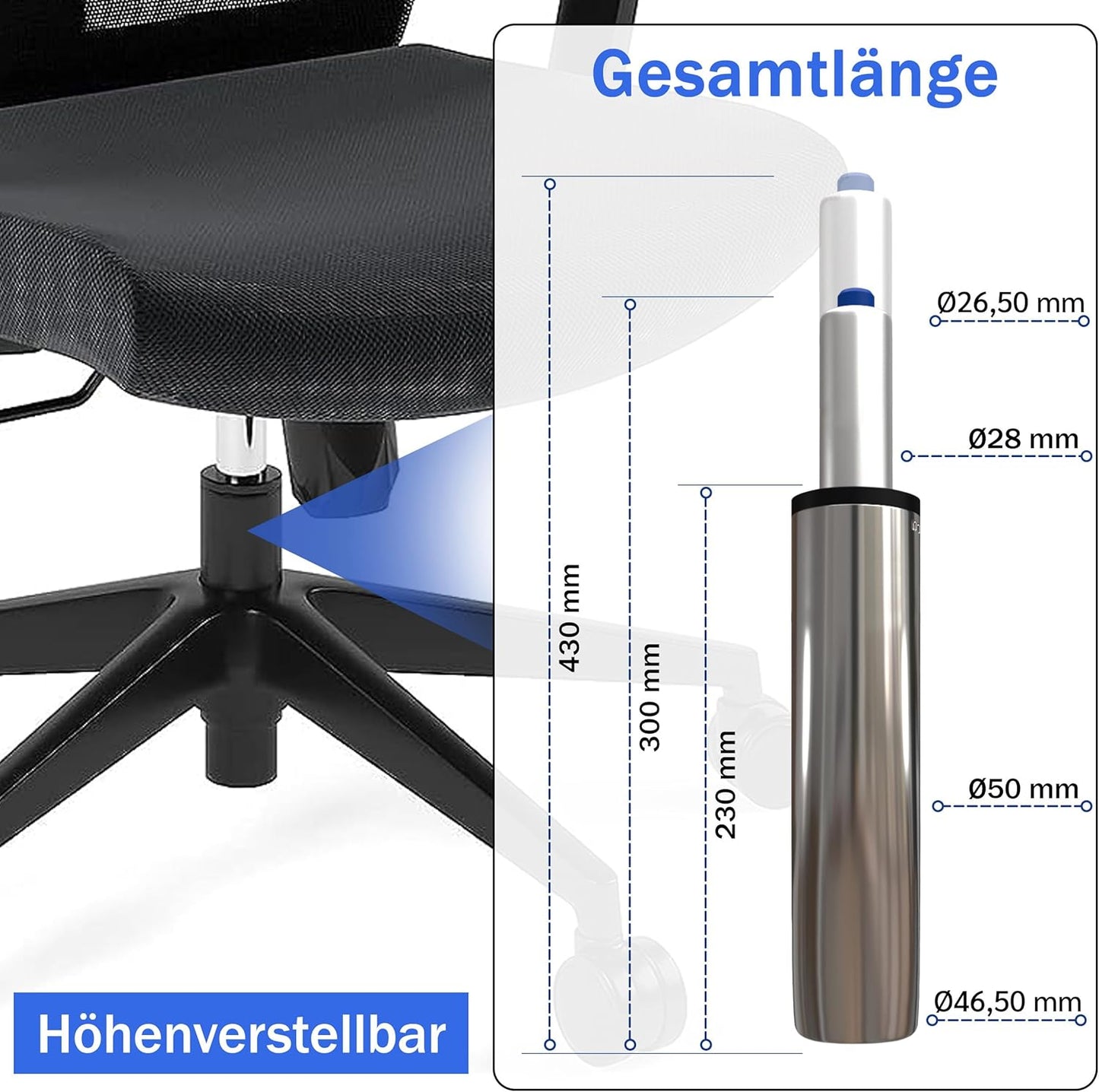 Gasdruckfeder für Bürostuhle, 430 mm Gesamtlänge Chrom