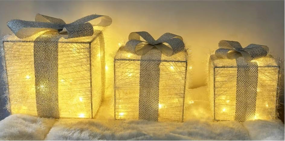 3er-Set LED Geschenkboxen mit Timer, Weiss-silber