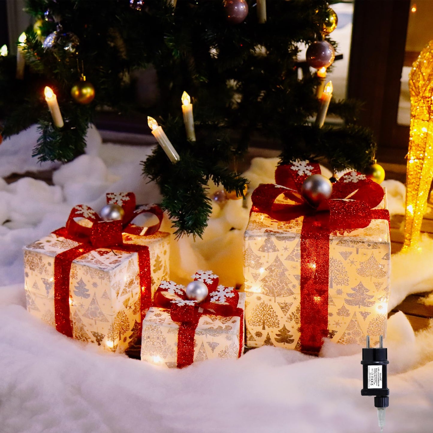 3er LED Geschenkbox Set mit Lichterkette, 009 Weiss mit Weihnahchtsbaum - Netzstecker