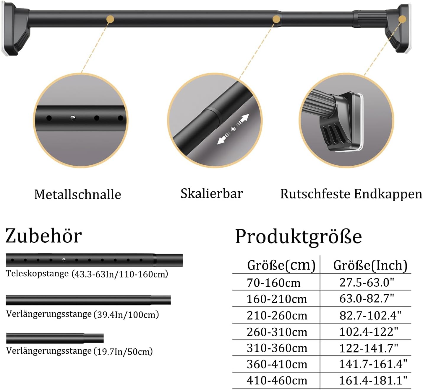 Duschvorhangstange ohne Bohren, 70-160cm Schwarz（2#）