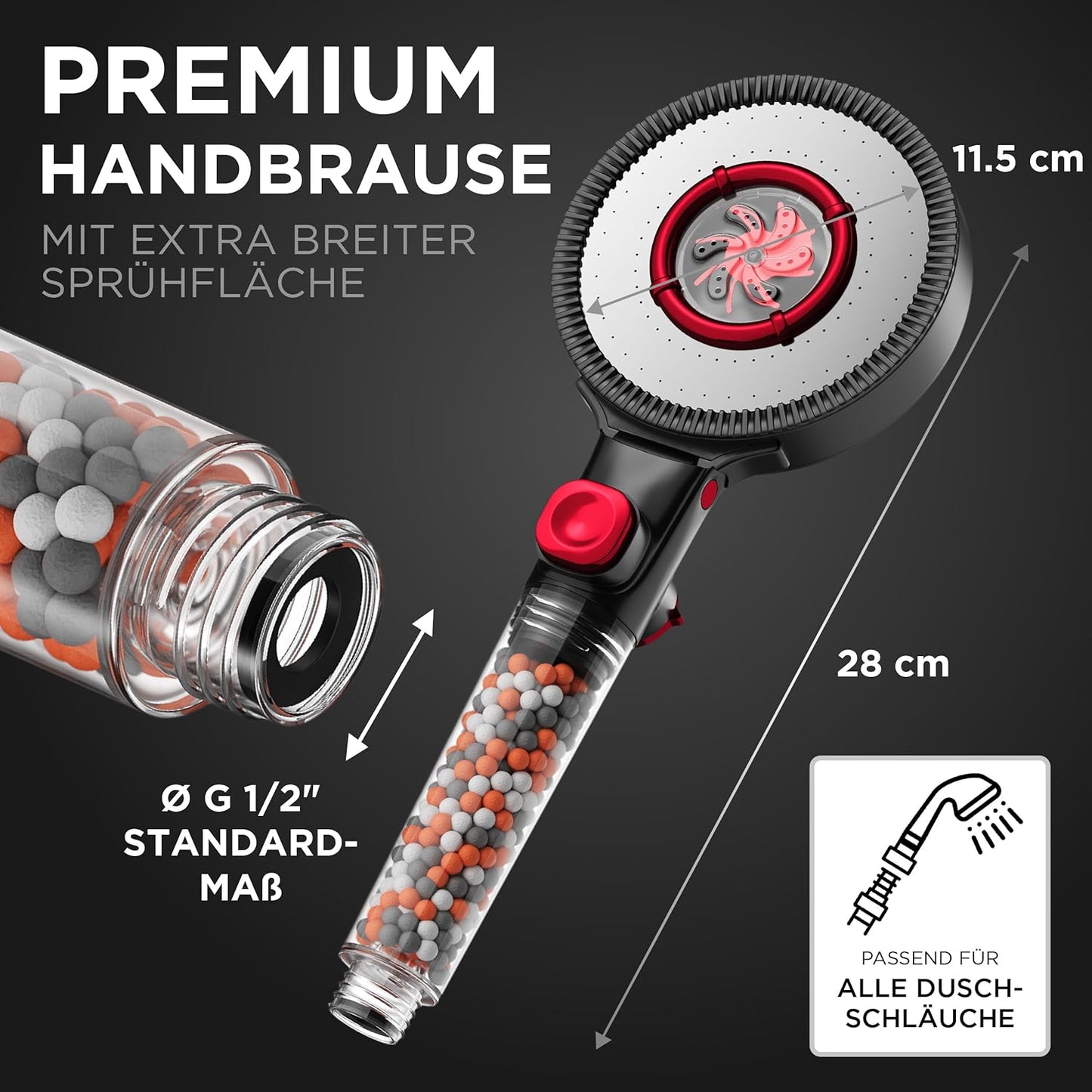Duschkopf mit Mineralperlen & Booster-Modus, Transparenter Griff