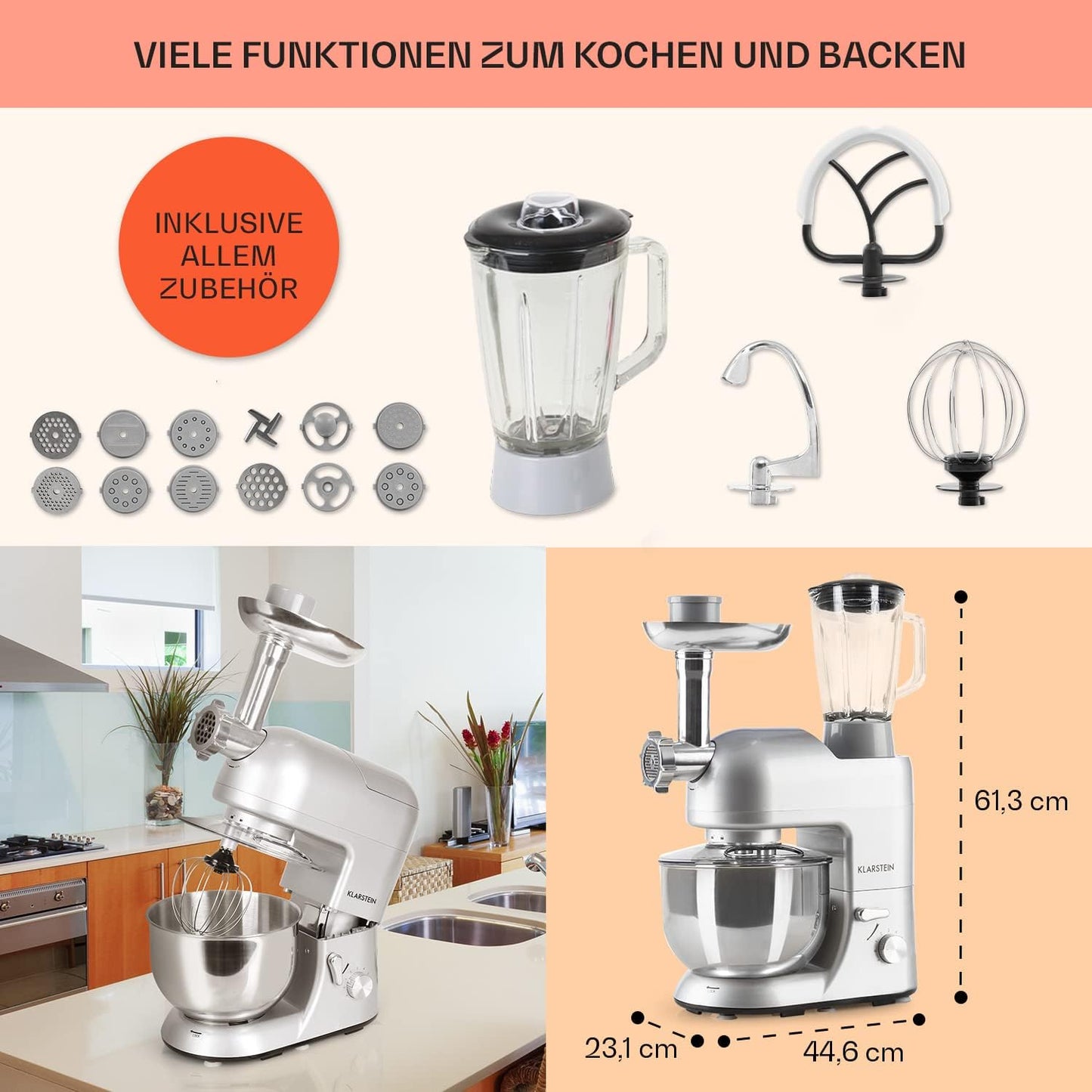Küchenmaschine mit Fleischwolf und Mixer, Classic Silber