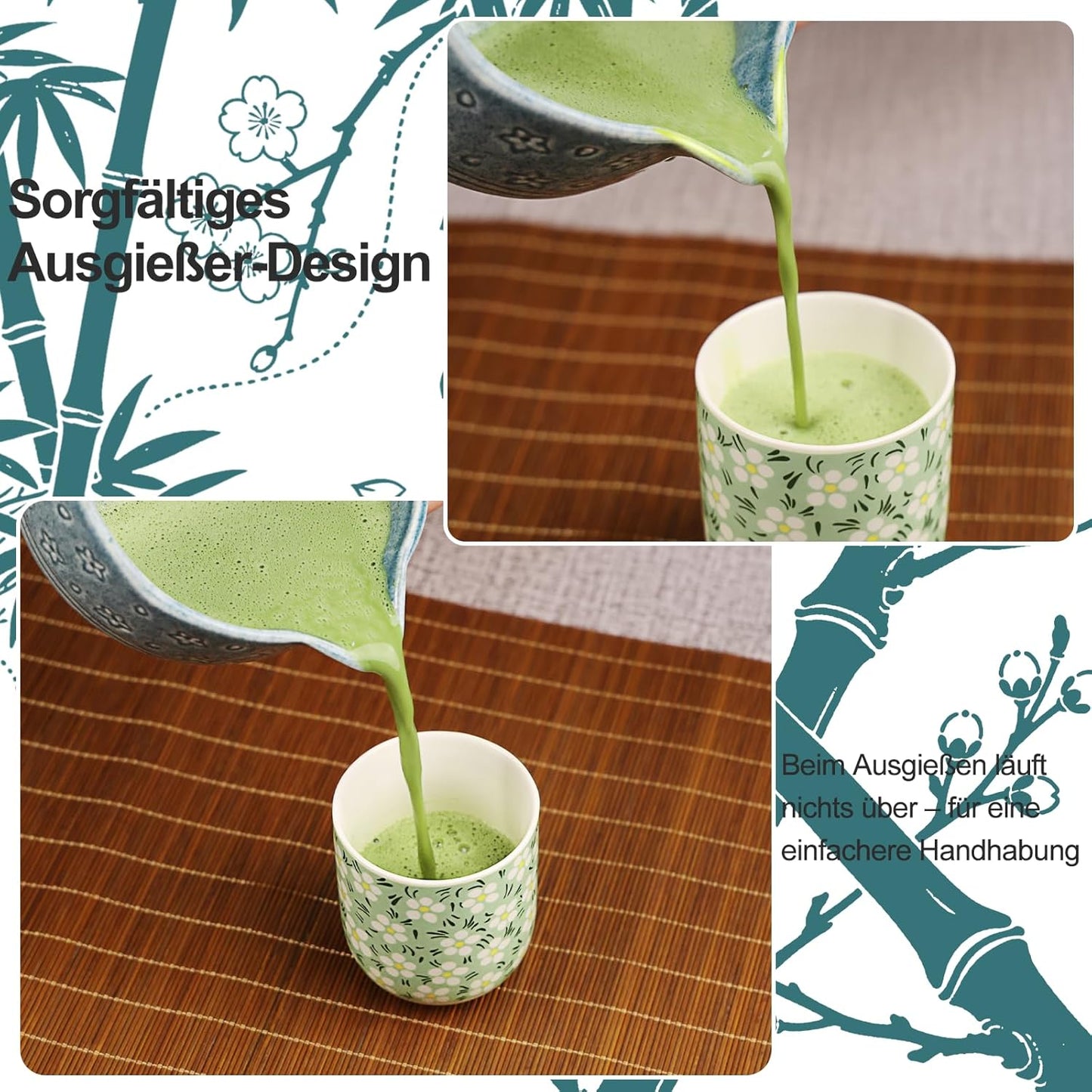 7-teiliges Matcha Tee-Set mit Bambusbesen & Zubehör, Dunkelblau