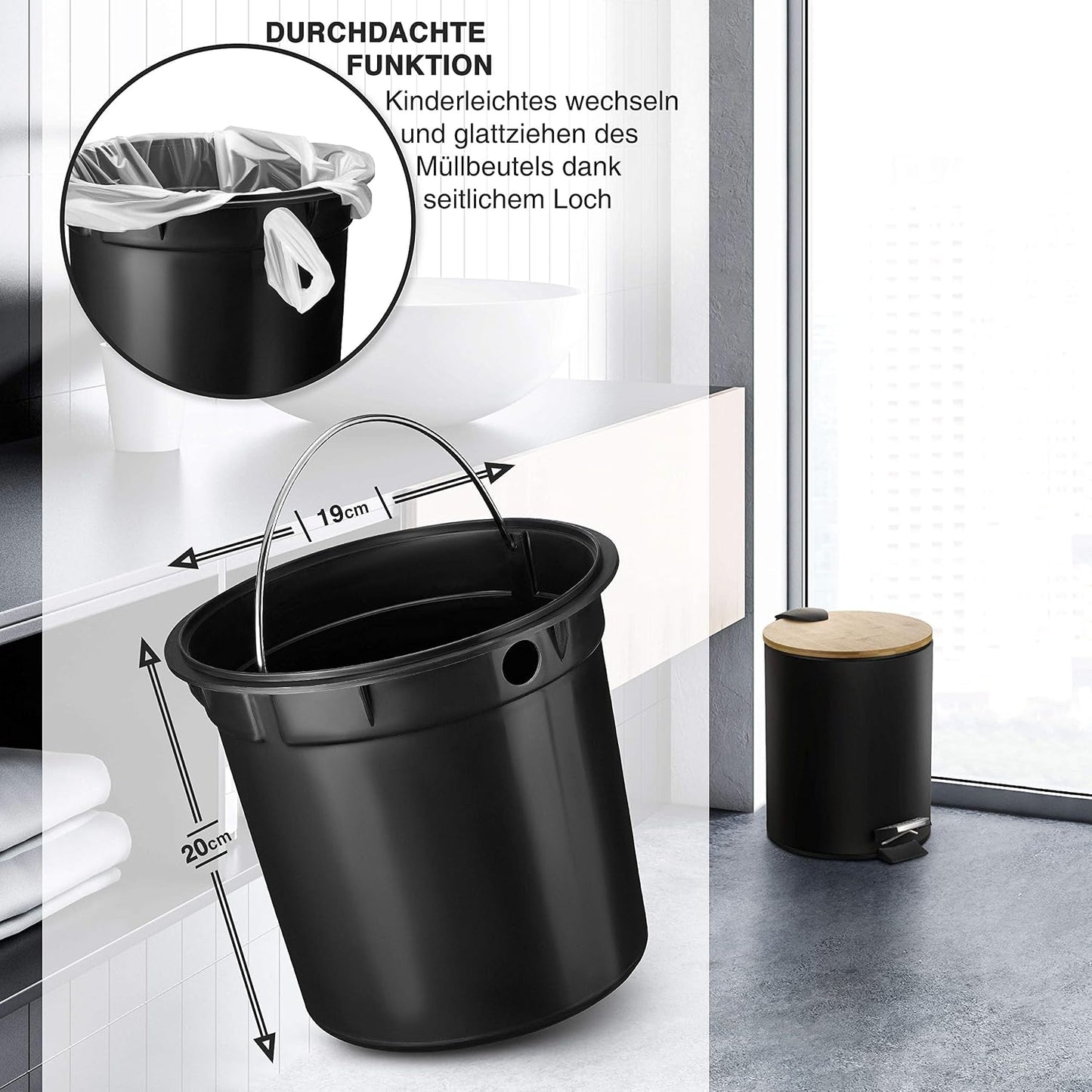 Kosmetikeimer mit Soft-Close und Bambusdeckel, Schwarz Matt 5L