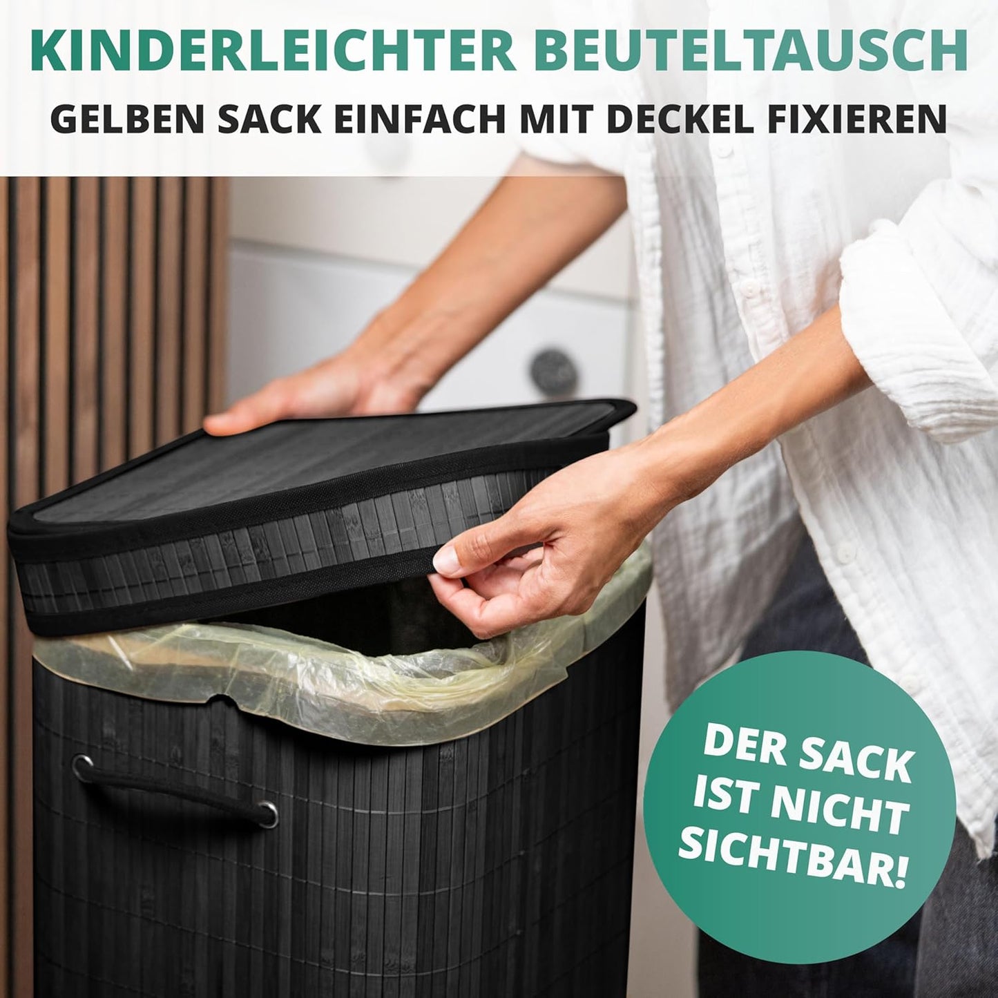 Müllsackständer mit Deckel, Bambus / Schwarz