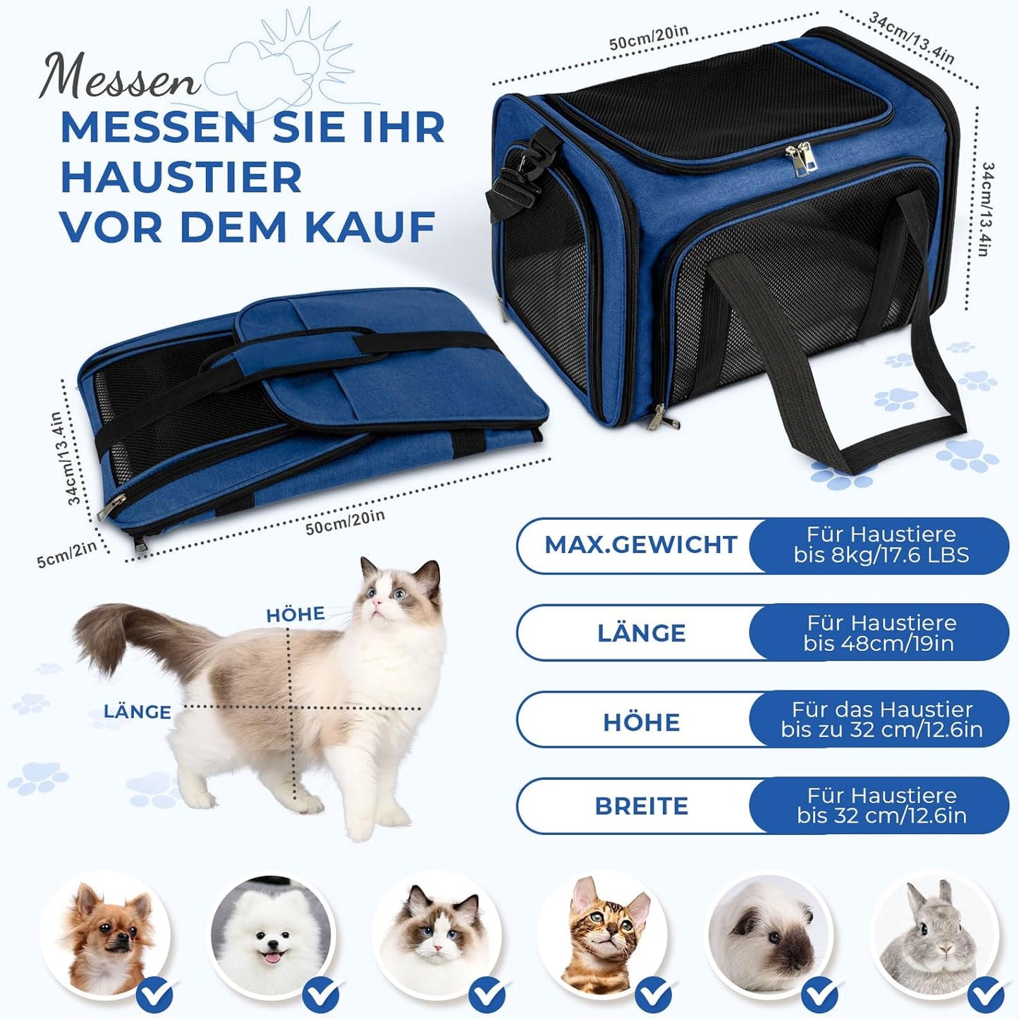Transporttasche für Katze Hund bis zu 8kg, 50 x 34 x 34cm Dunkelblau