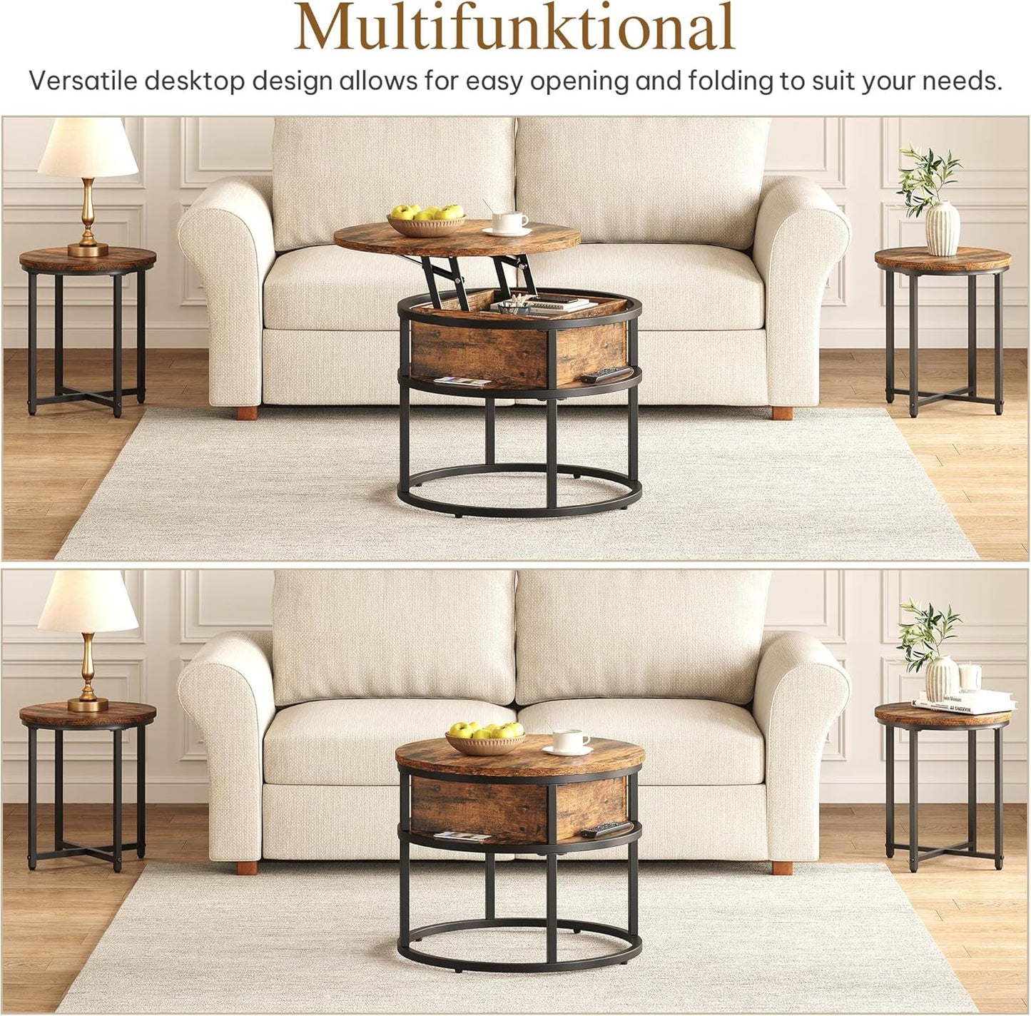Runder Couchtisch mit Hebeplatte und Stauraum, 60X60X47CM Rustikales Braun