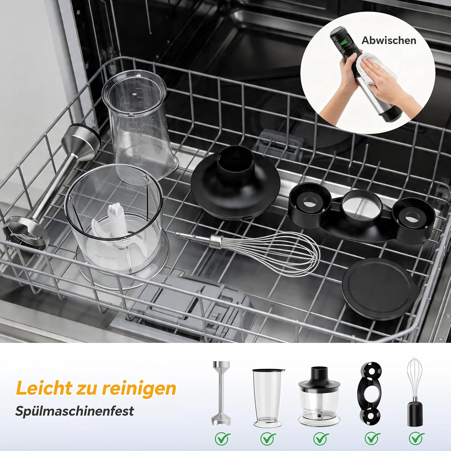 Stabmixer Set mit Zerkleinerer & Schneebesen, Silber
