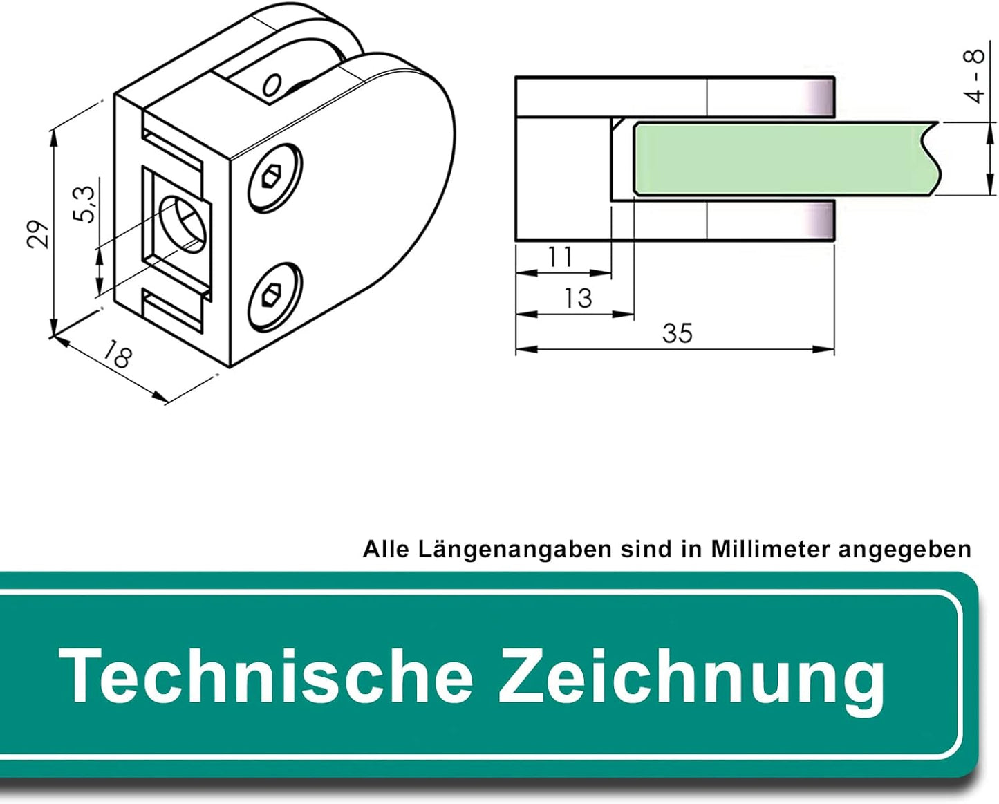 4-teiliges Glashalter-Set für Geländer, Anschluss: Flach | Glasdicke: 6 mm
