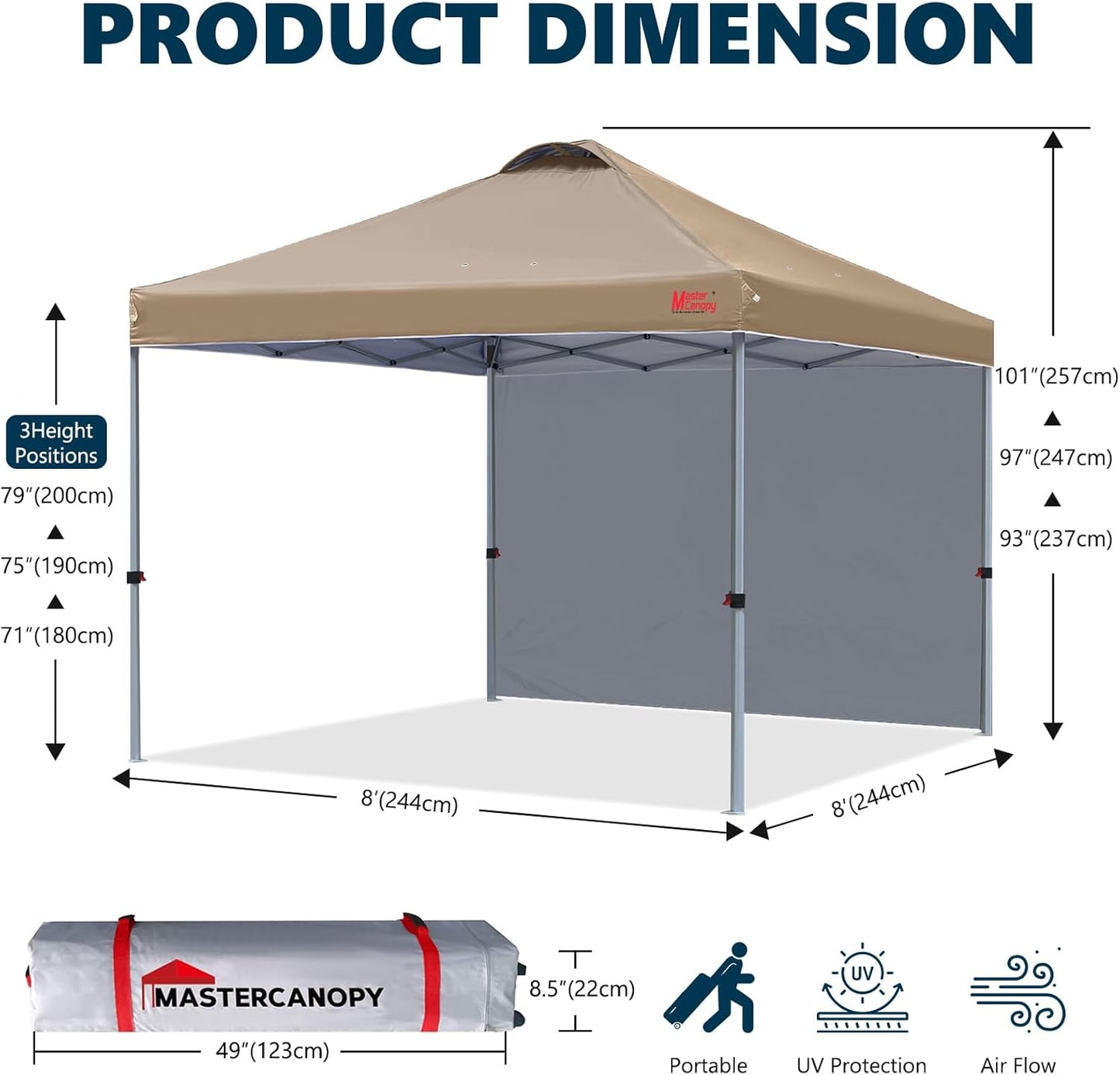 Pop-up-Pavillon mit Seitenwand, höhenverstellbar, 2.5x2.5M Khaki