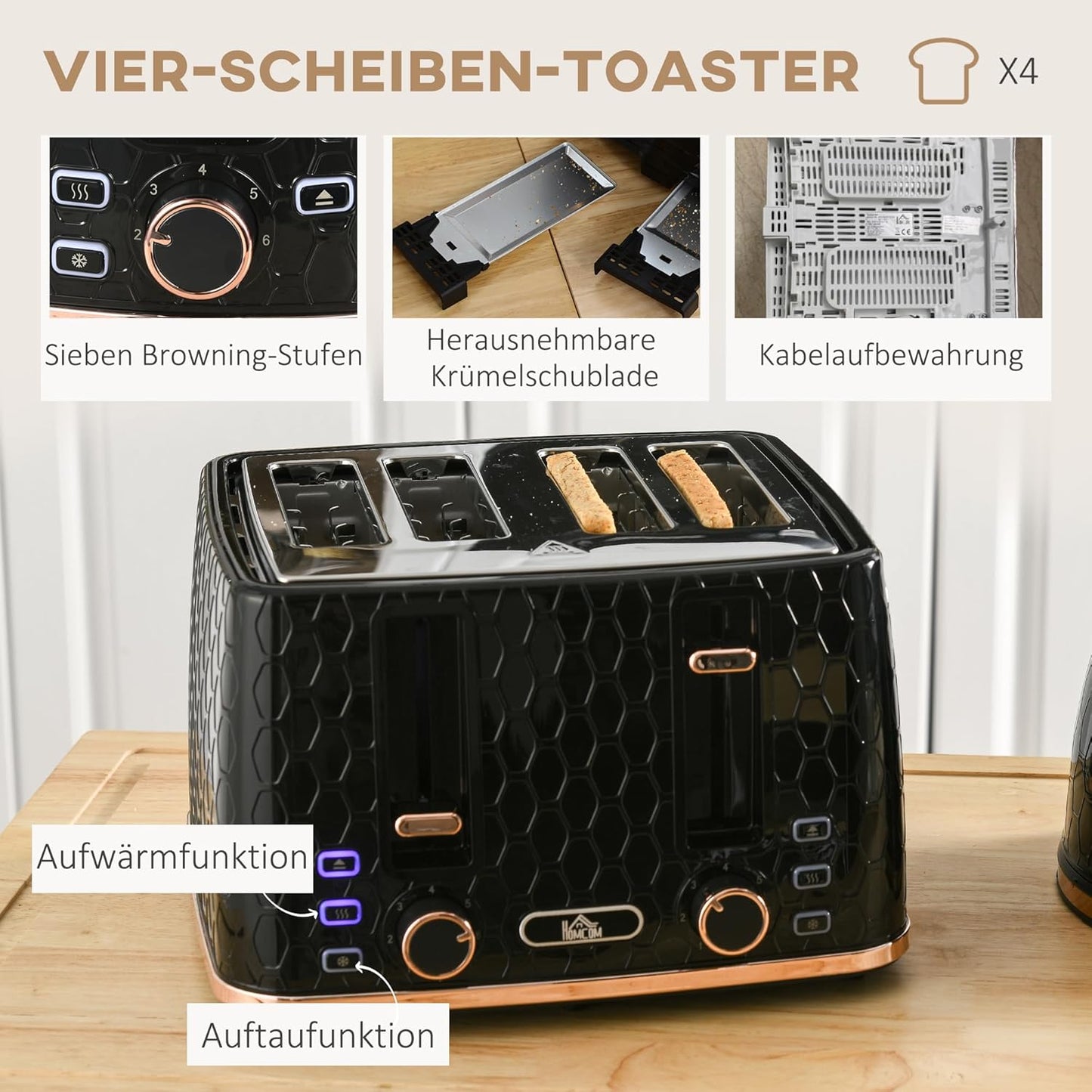 Frühstücksset mit Wasserkocher & Toaster (4 Scheiben), Schwarz