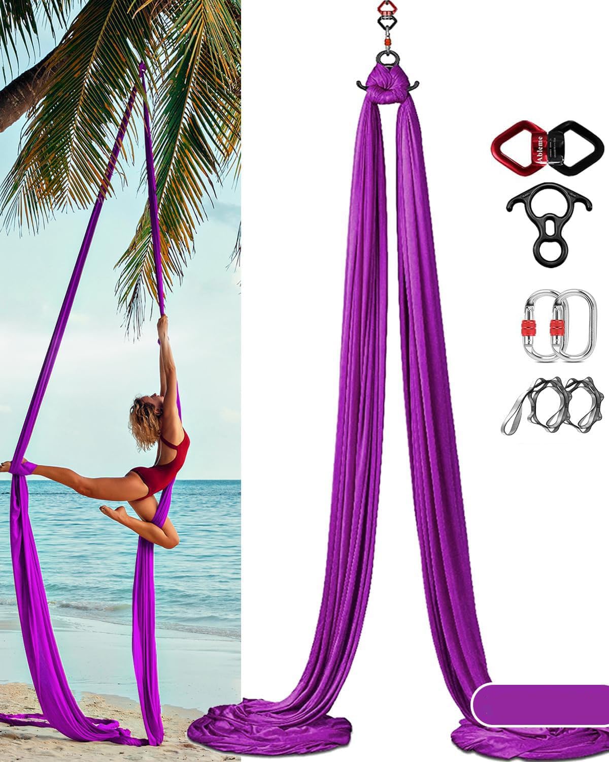 Aerial Yoga Tuch-Set mit Zubehör, 8 m, Violett