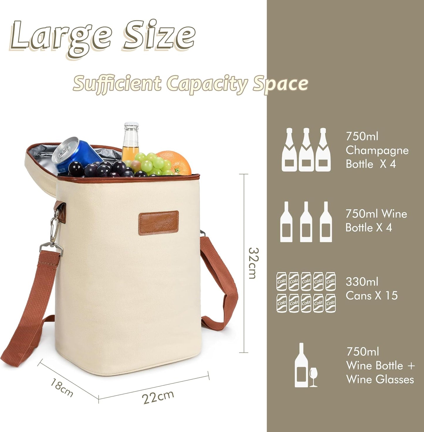 Weinkühltasche mit verstellbarem Schultergurt, Kühltasche 4 Flaschen - Beige