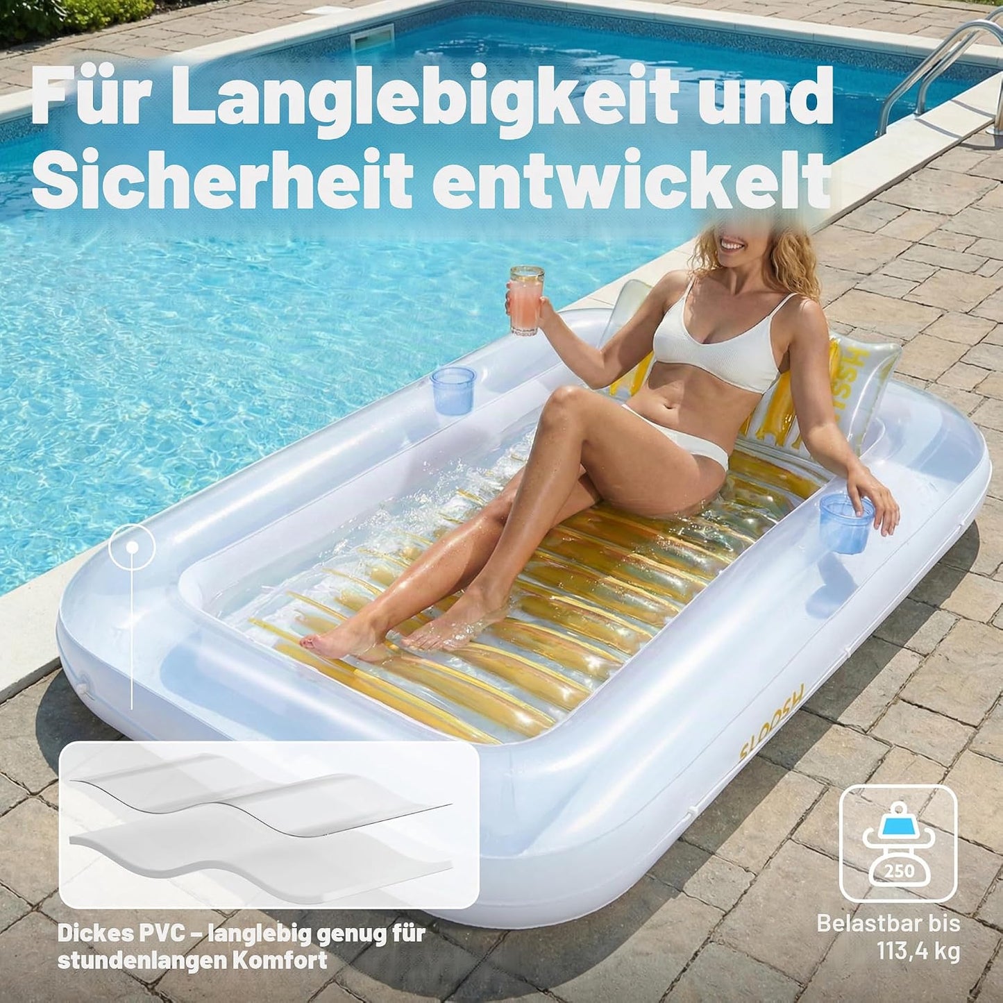 Aufblasbarer Sonnenpool mit abnehmbarem Kissen und Getränkehalter, Gold-Weiss L