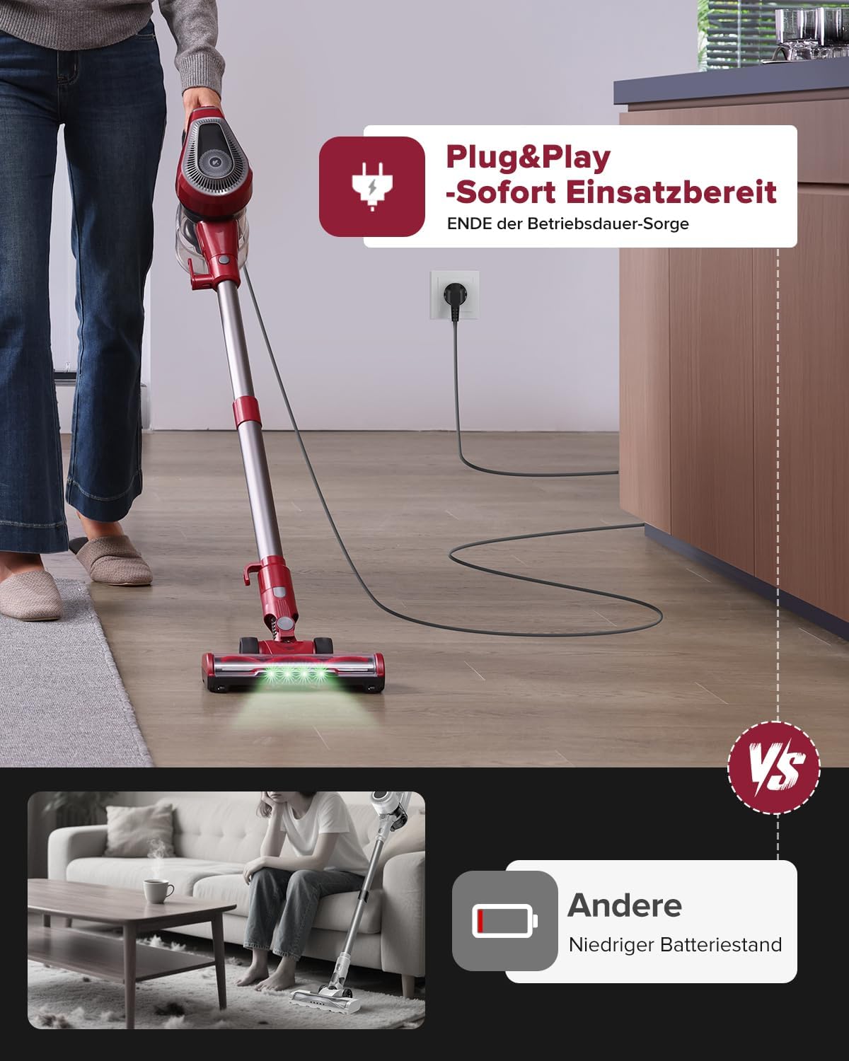 6-in-1 C8 Staubsauger mit Kabel, 60KPa, mit Bürstenrolle, Weinrot