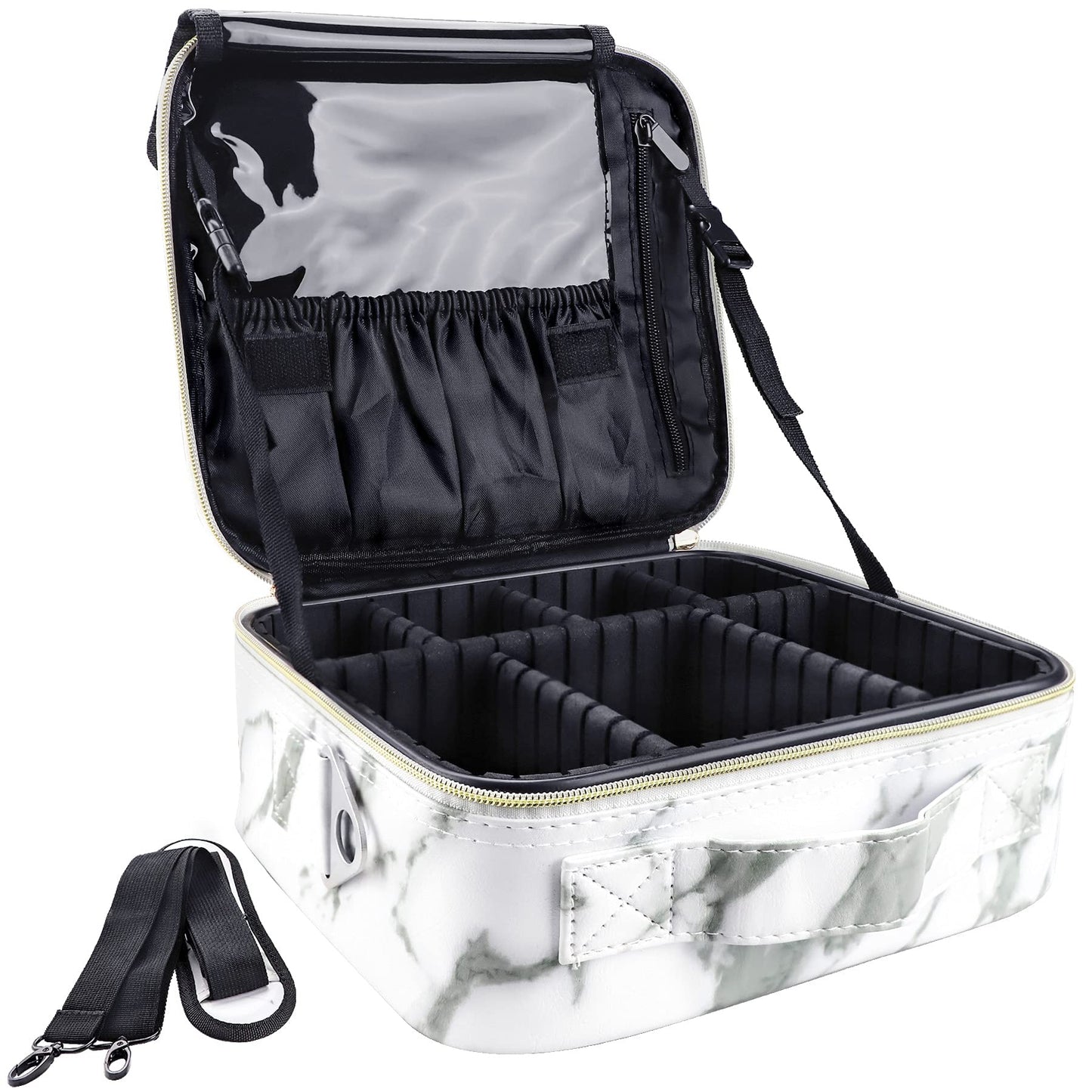 Kosmetiktasche Schminkkoffer mit Trennwänden, S Marble White