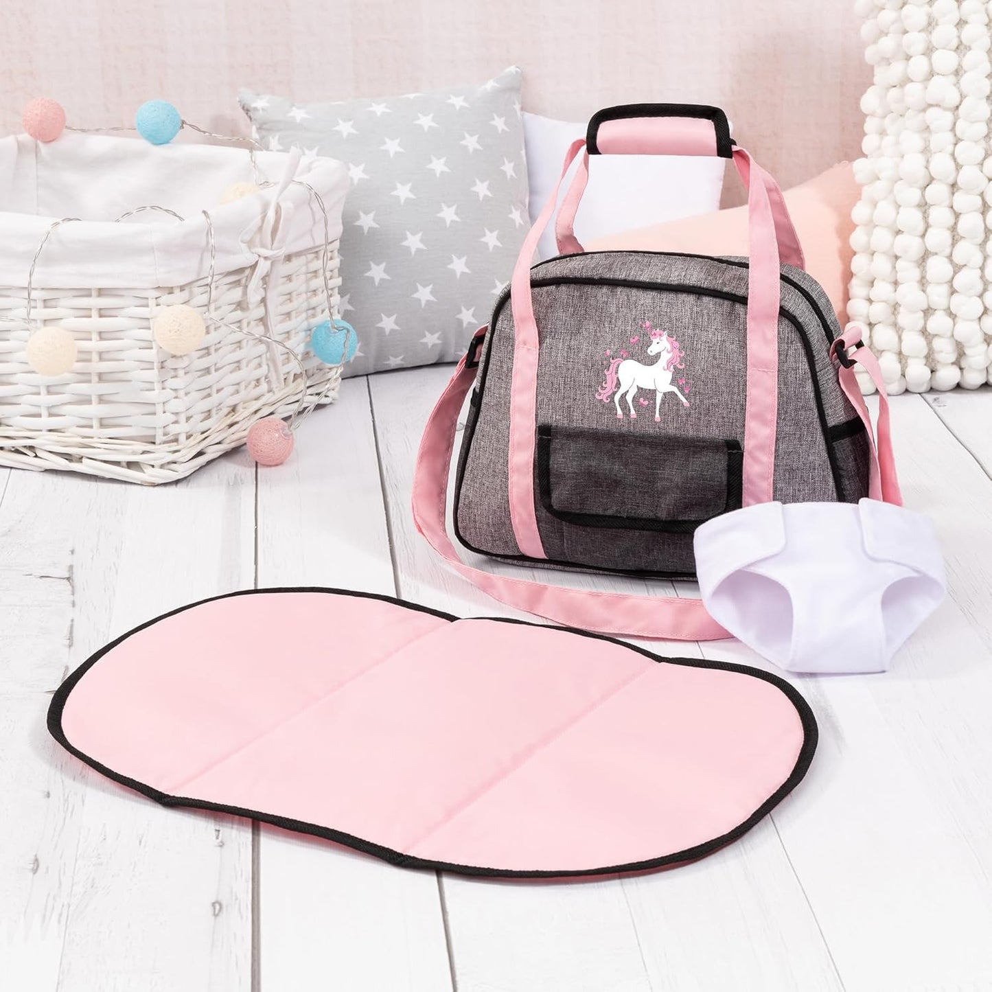 Wickeltasche für Puppen mit Zubehör-Set, Jeans-Grau, rosa, Wickeltasche