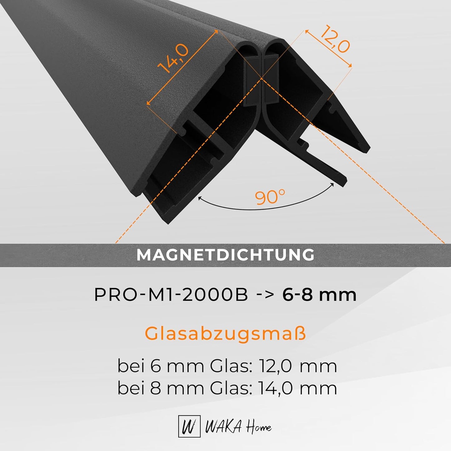 Magnet-Duschdichtung für Glastüren, Schwarz 6-8mm Glas | 90/180°