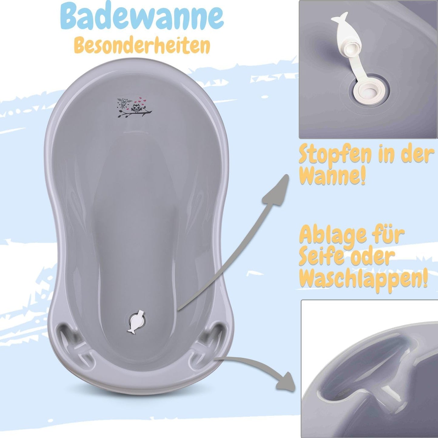 Babybadewannen-Set mit Ständer, 5 - Set Eule - grau
