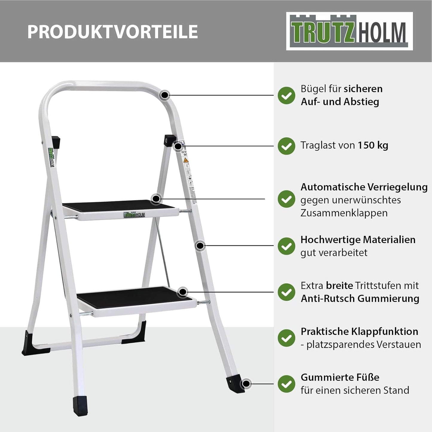 Klappbare Trittleiter, 2 Stufen, Weiss