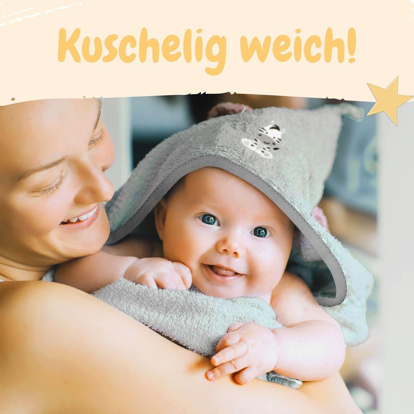 3-teiliges Baby Kapuzenhandtuch-Set mit Waschlappen, Zebra-Motiv, 100 x 100 cm, Zebra Grau 100 x 100