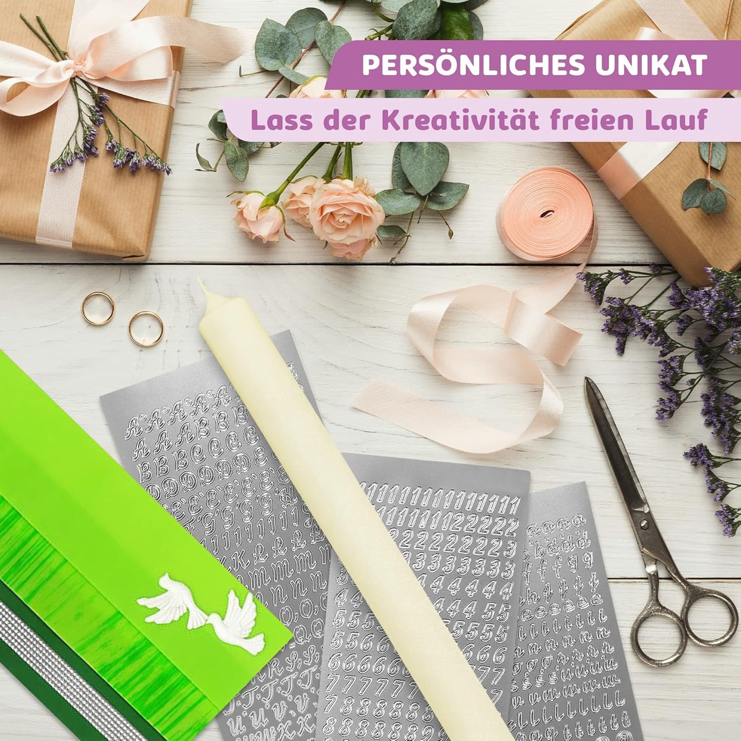 erzen-Rohling Set zur individuellen Gestaltung, Grün mit Taube Kerze 40x4 cm | Creme