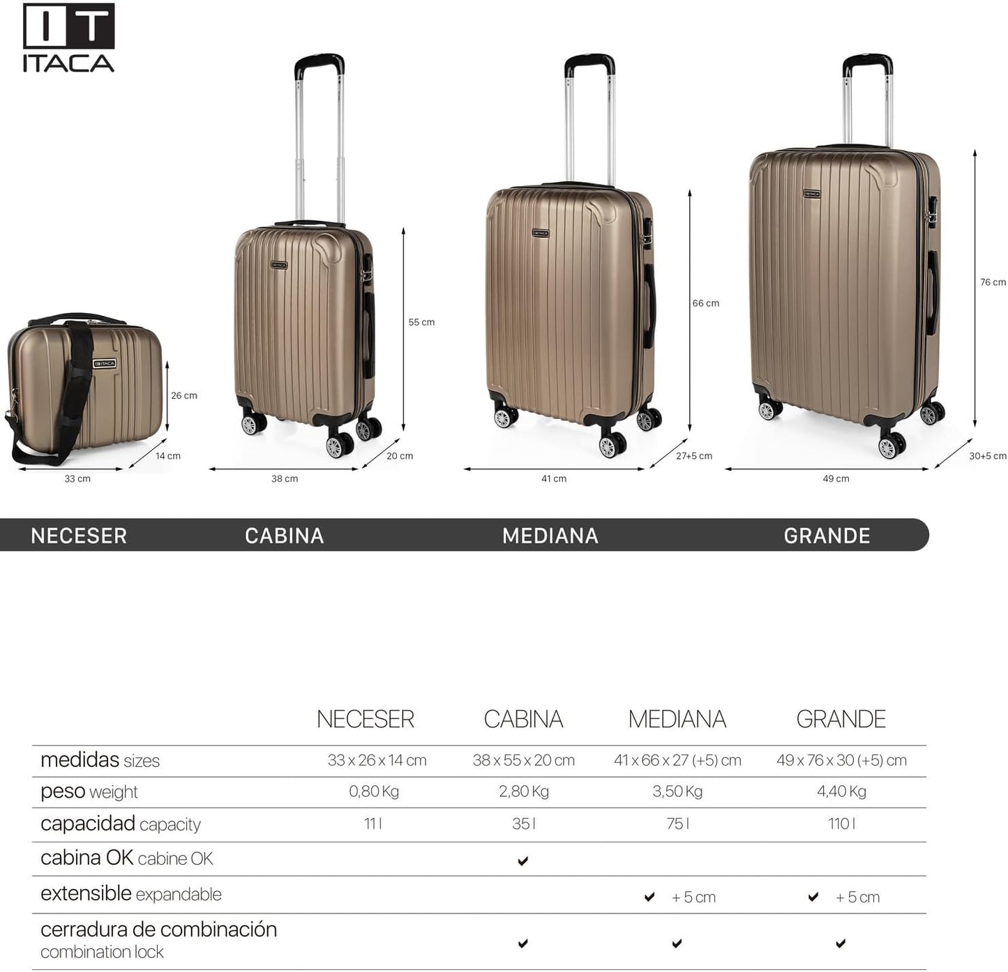 Hartschalenkoffer mit Beautycase, erweiterbar & Zahlenschloss, Champagner L + XS