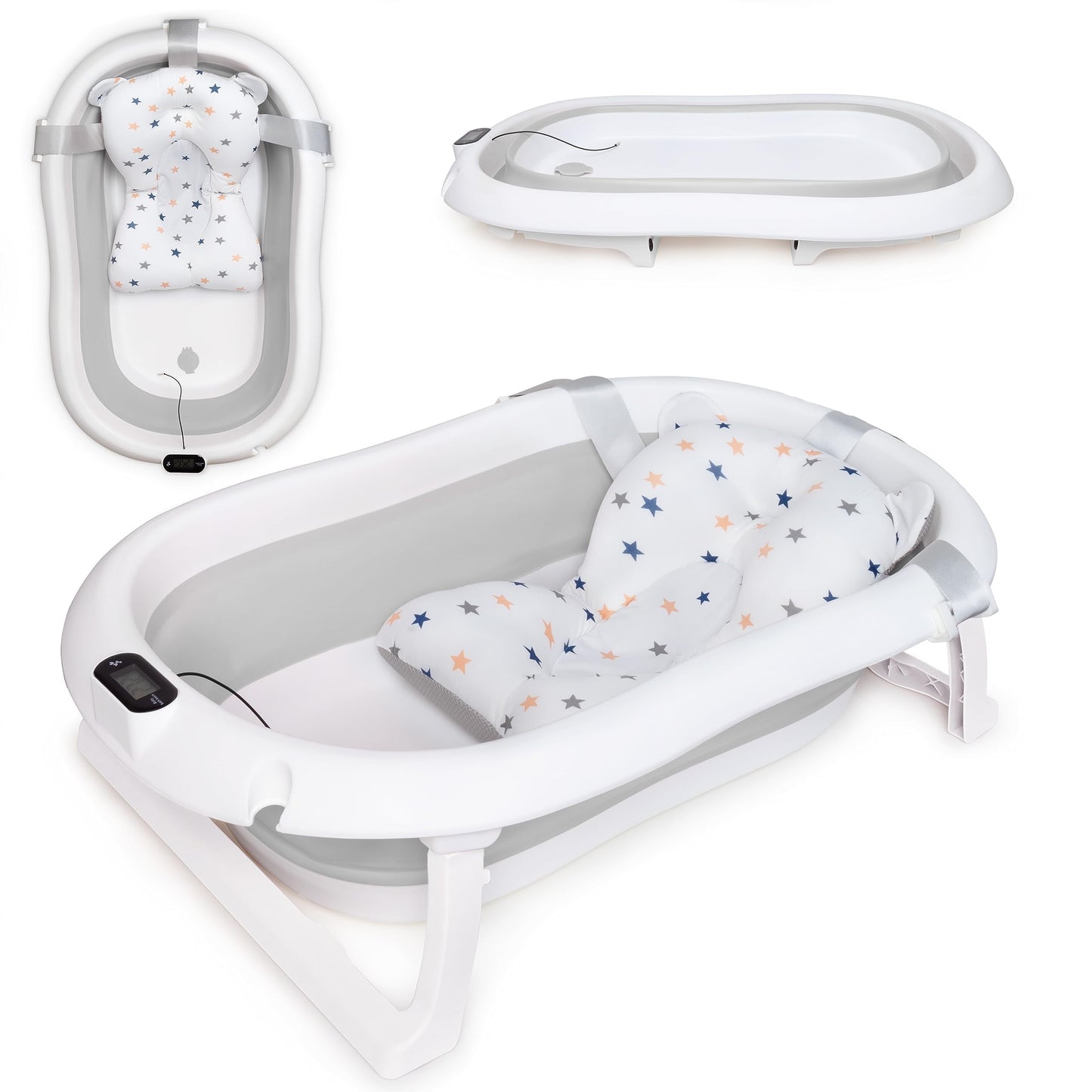 Faltbare Babybadewanne mit Thermometer und Kissen, Grau 21cm Höhe - Faltbare