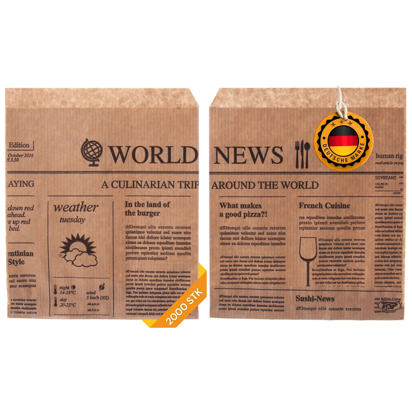 Snack- & Hamburgertaschen Newspaper, 2-seitig offen, Braun 2000