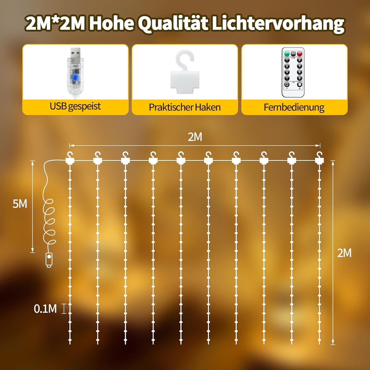 LED Lichtervorhang 2x2m mit Fernbedienung, 2*2 Lichtervorhang