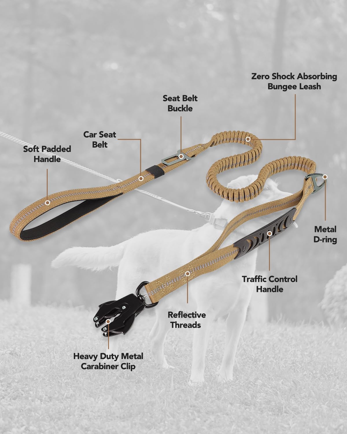 Taktische Bungee-Hundeleine mit Sicherheitsgurt, Coyote Braun