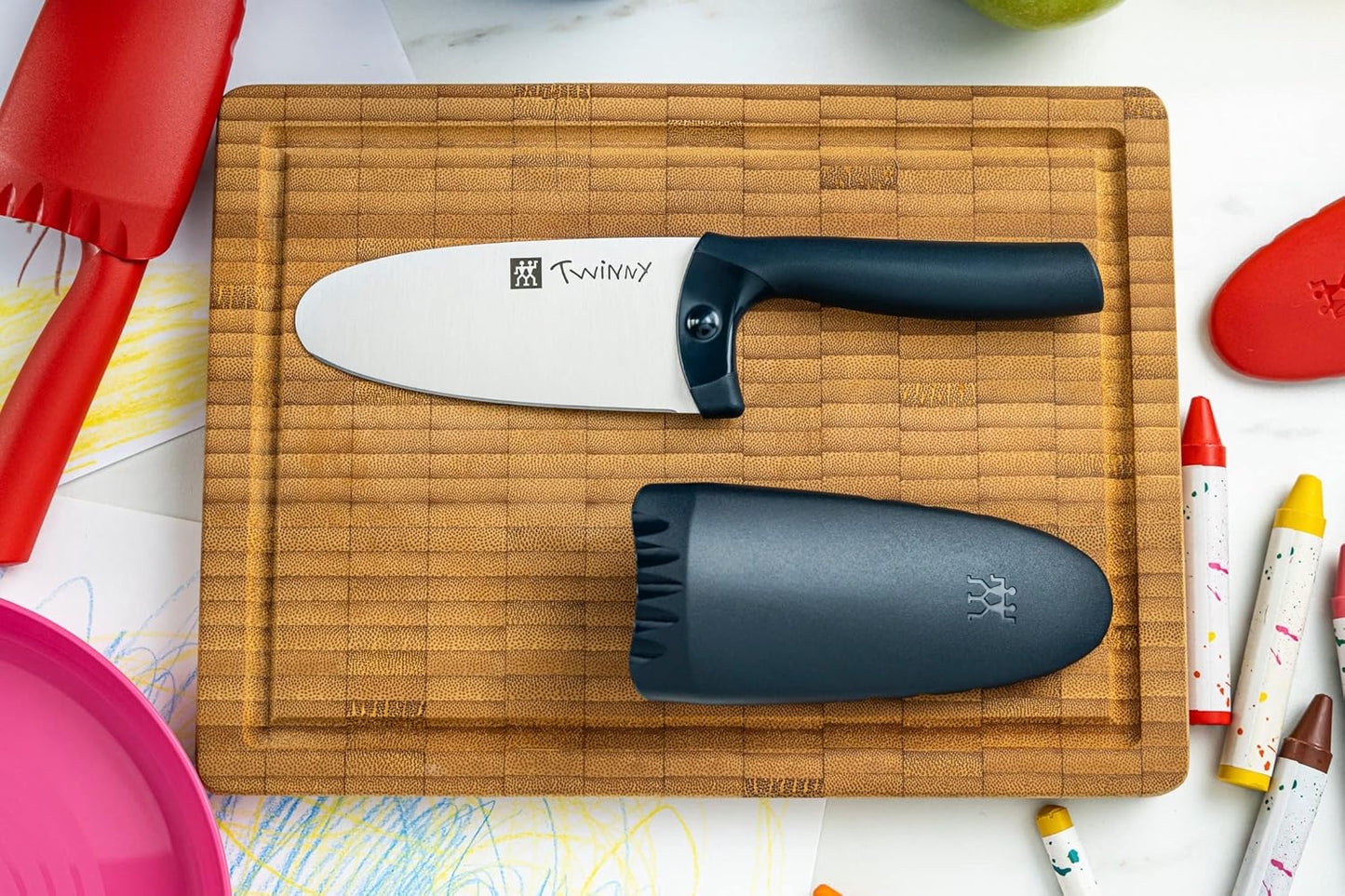 Twinny Kinderkochmesser mit Fingerschutz, Abgerundete Klinge, Blau