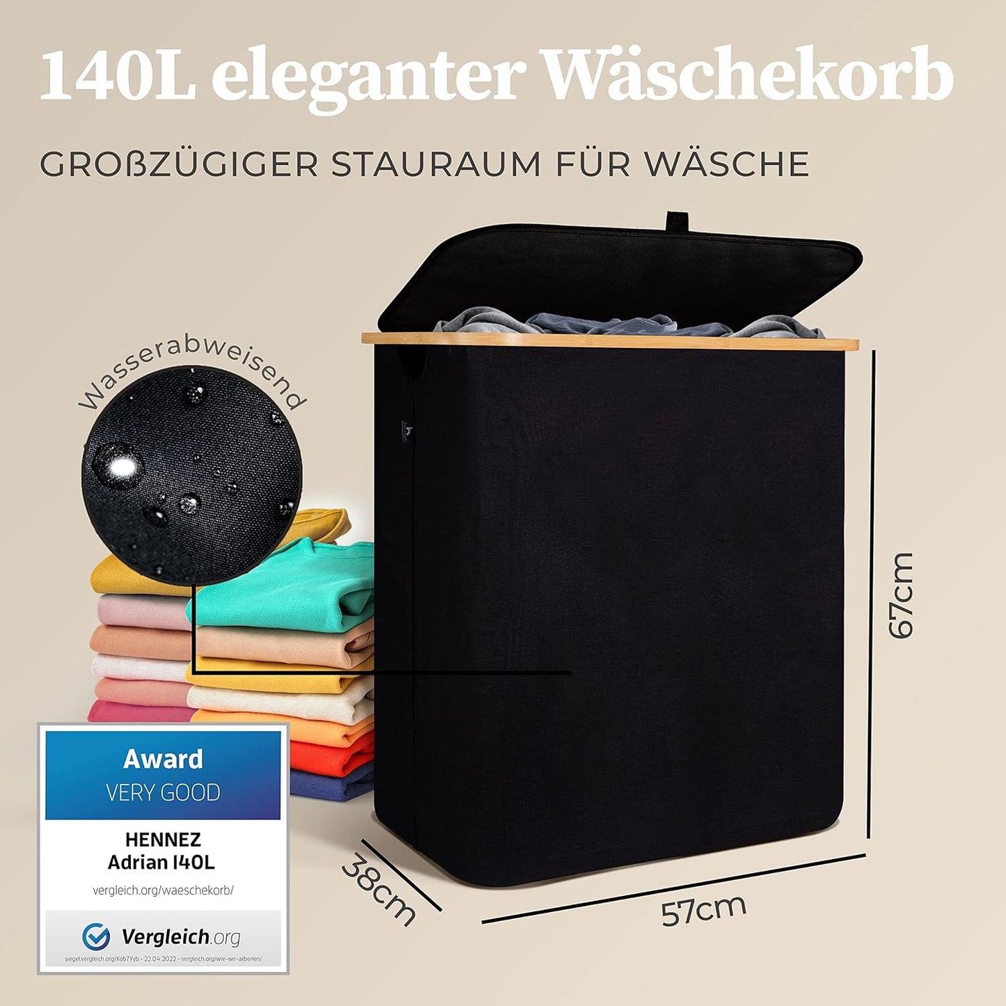 Wäschekorb Adrian, 141L 141l Schwarz