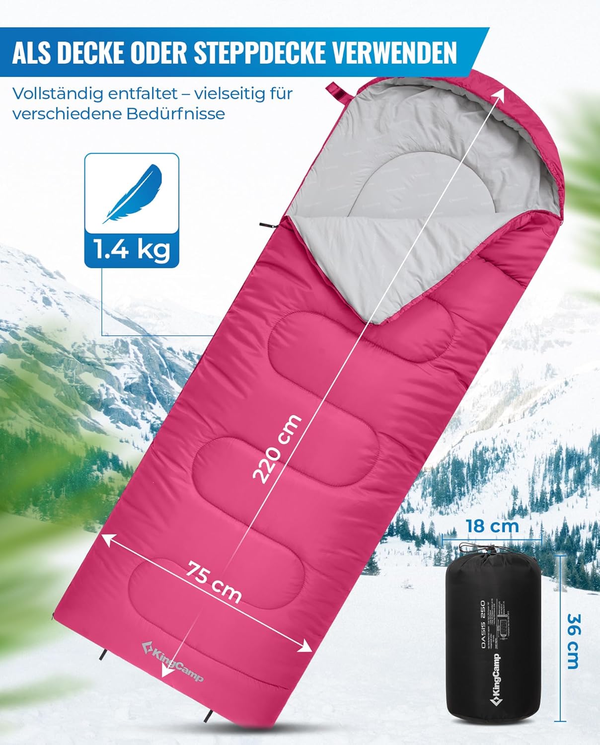 Leichter Sommerschlafsack, Rosa R Zip 220×75cm